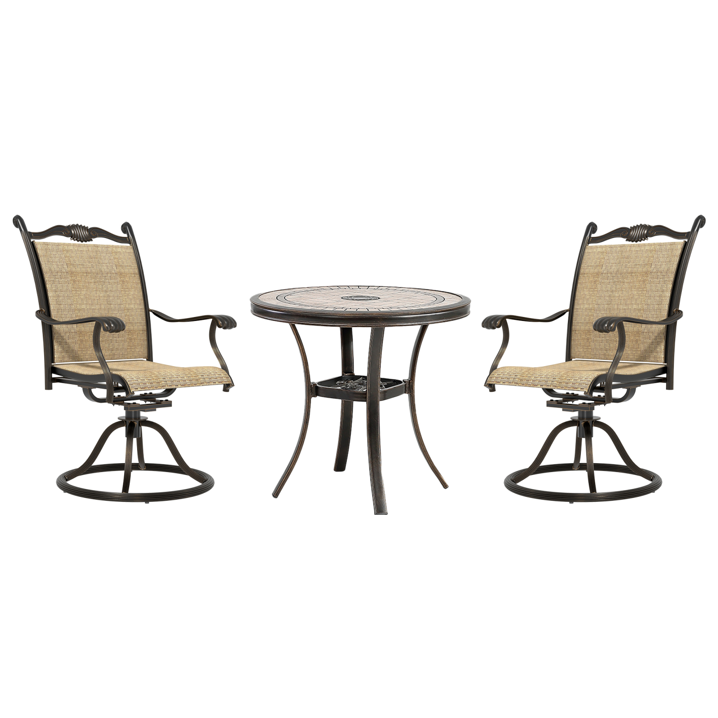 Mondawe 3Pcs Cast Aluminum Dining Set with Round Tile-Top Table and Textilene Swivel Chairs-Mondawe