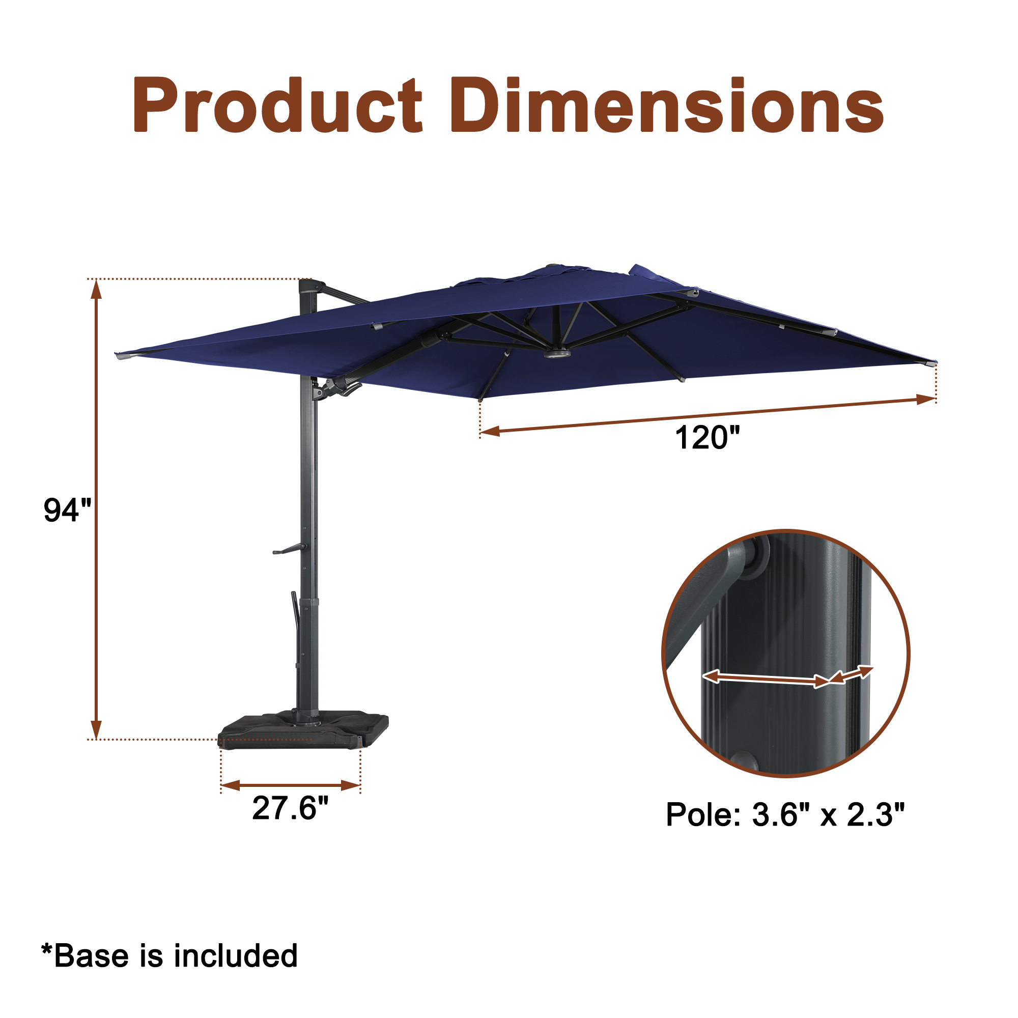 Mondawe 10ft Solar-Powered Cantilever Umbrella 90° Adjustable Tilt Patio Umbrella with Base-Mondawe