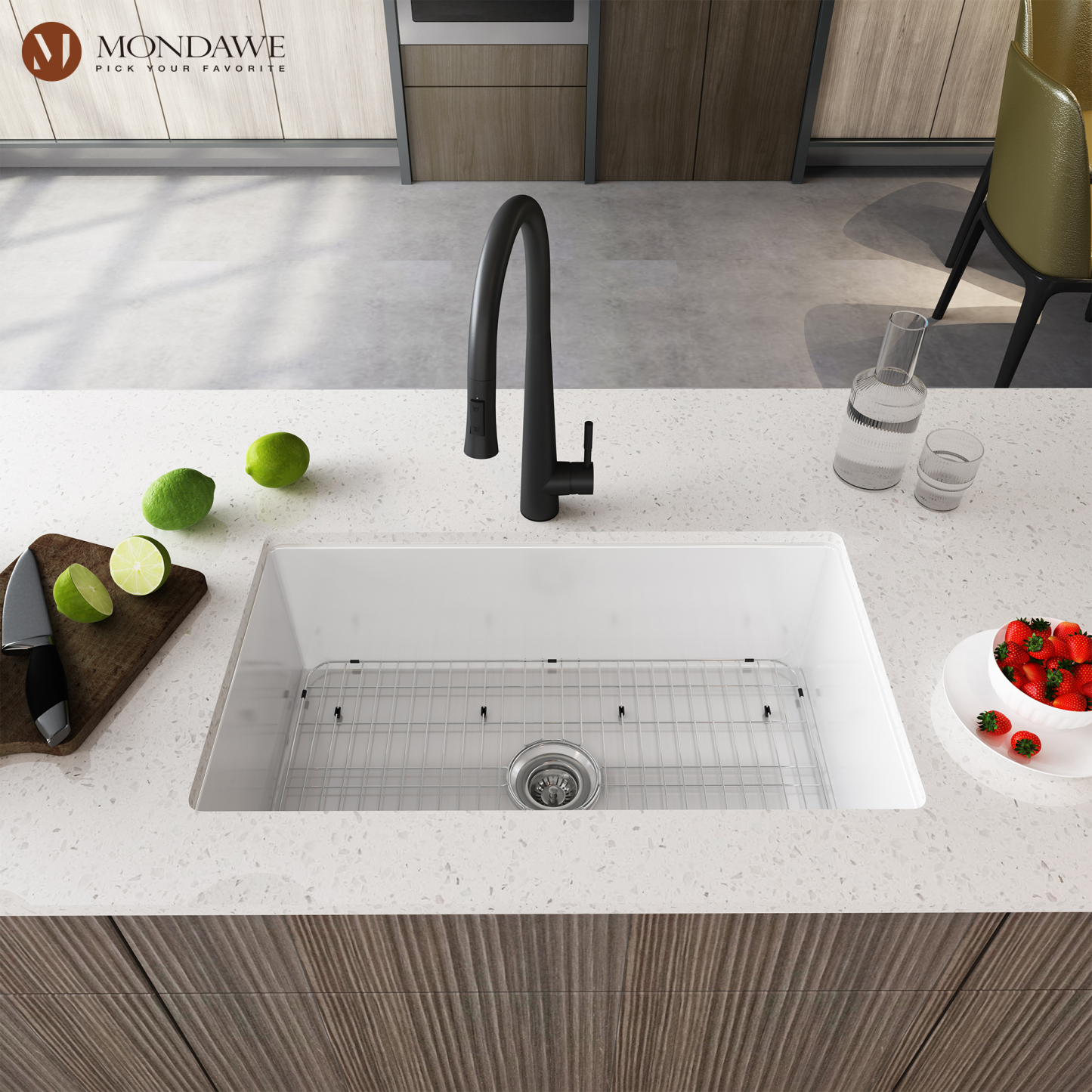 Undermount 32 in. single bowl fireclay kitchen sink in white comes with stainless steel bottom grid and strainer-Mondawe