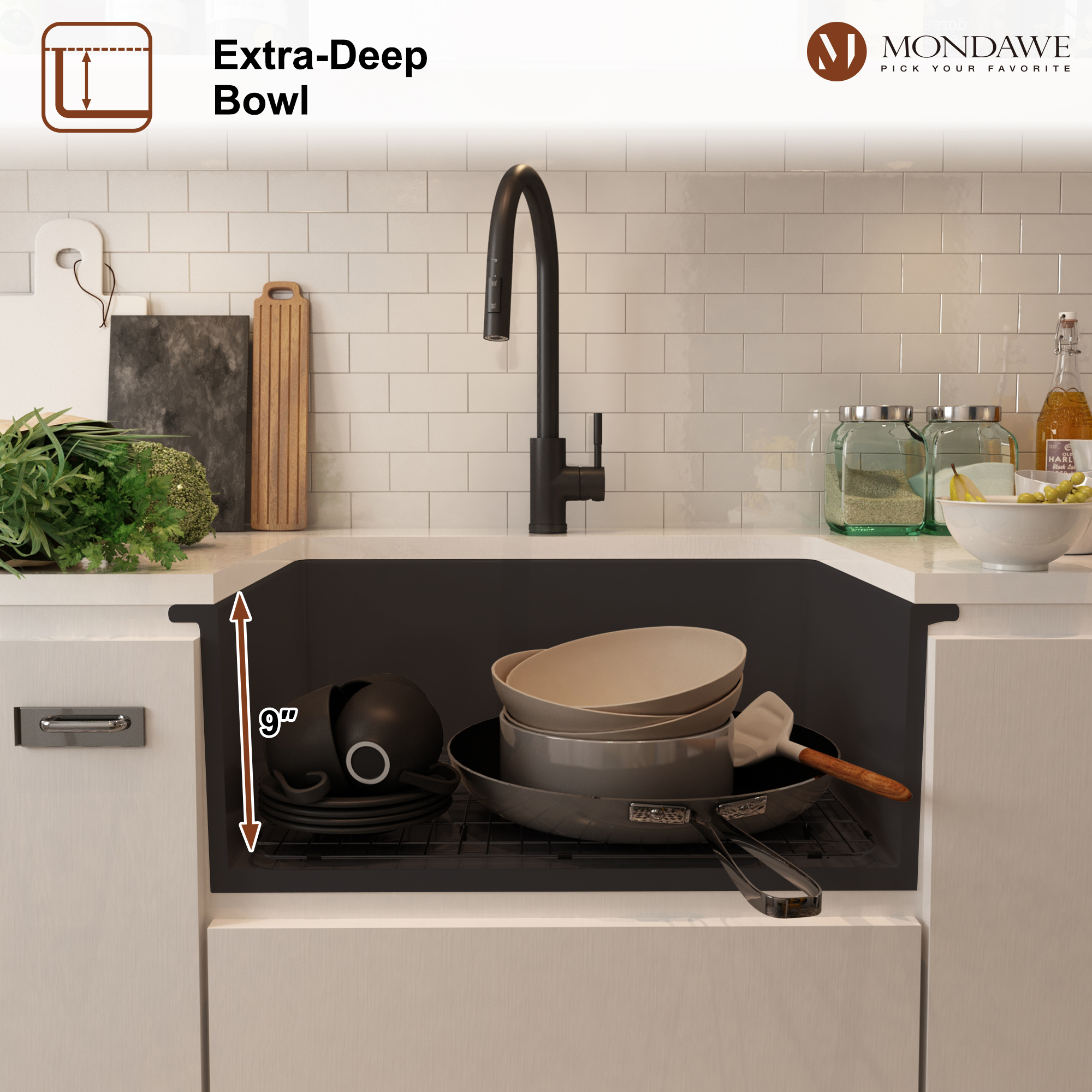 Undermount 27 in. matte black single bowl fireclay kitchen sink comes with pull-down faucet-Mondawe