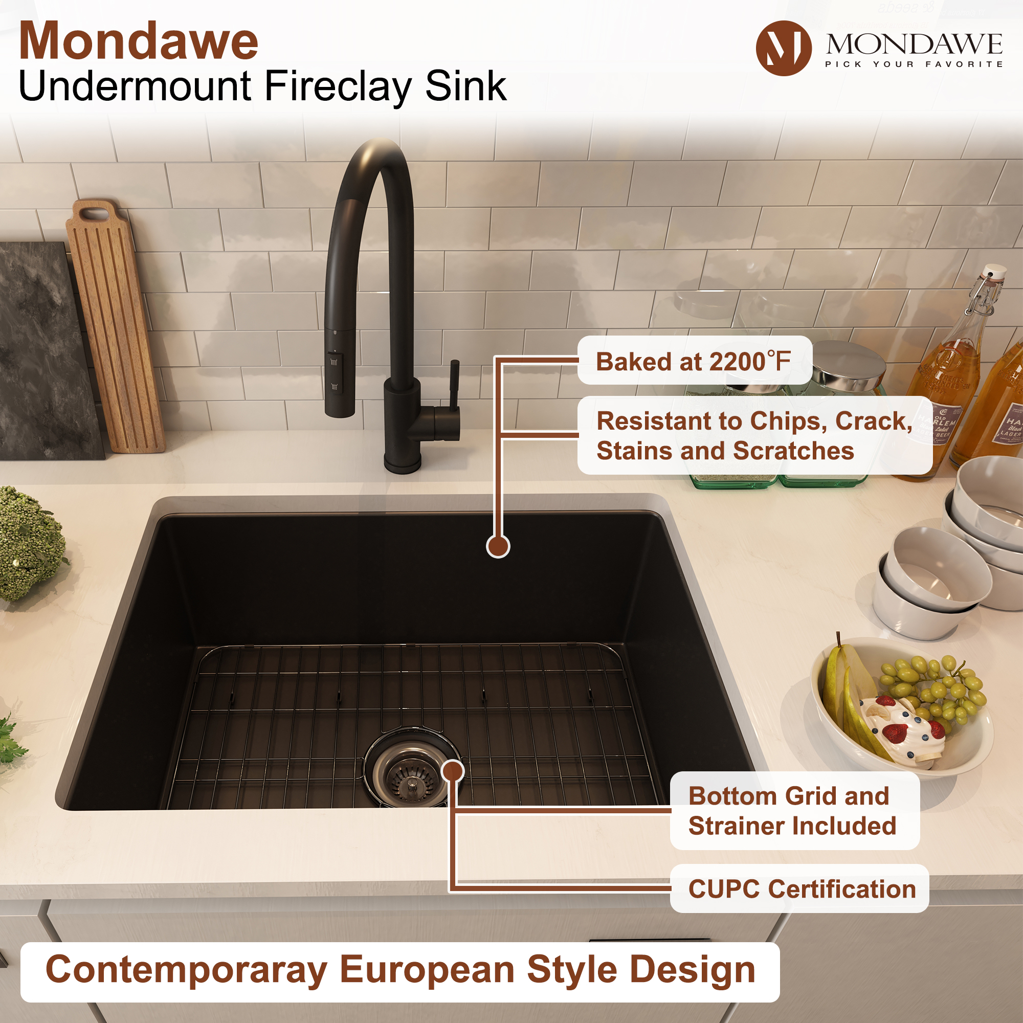 Undermount 27 in. matte black single bowl fireclay kitchen sink comes with pull-down faucet-Mondawe