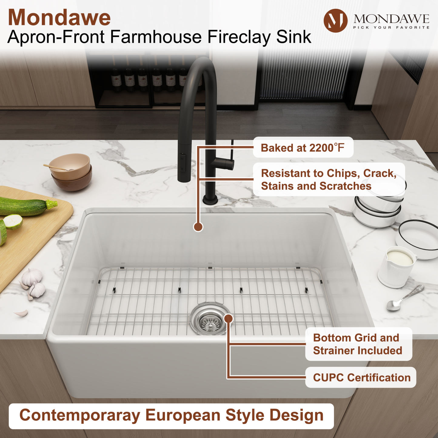 Farmhouse 30 in. single bowl fireclay kitchen sink in white comes with pull-down faucet-Mondawe