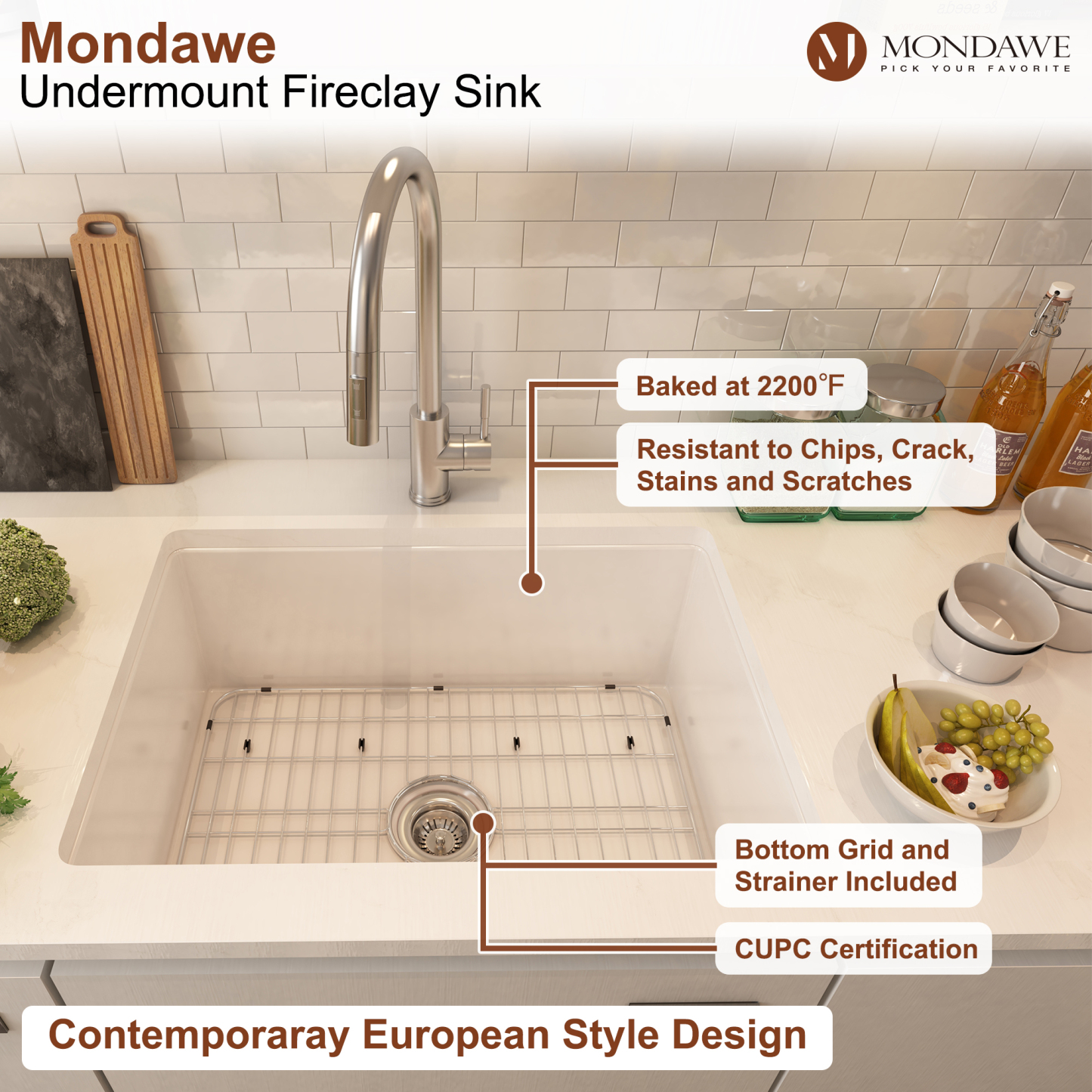 Undermount 27 in. single bowl fireclay kitchen sink in white comes with pull-down faucet-Mondawe