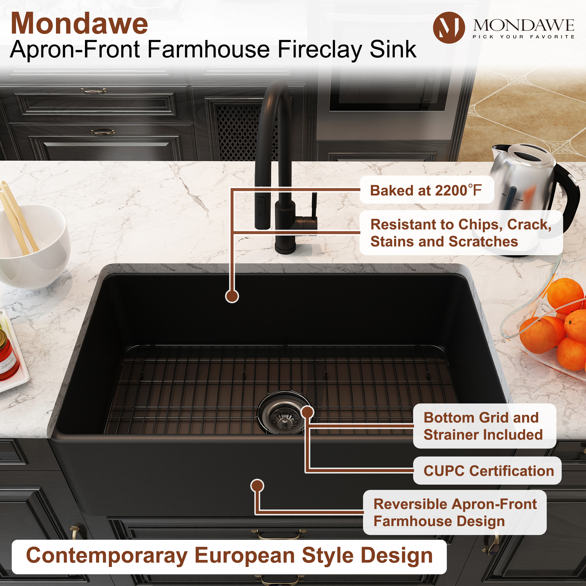 Farmhouse 33 In. Single Bowl Fireclay Kitchen Sink In White Comes With Pull Down Kitchen Faucet-Mondawe