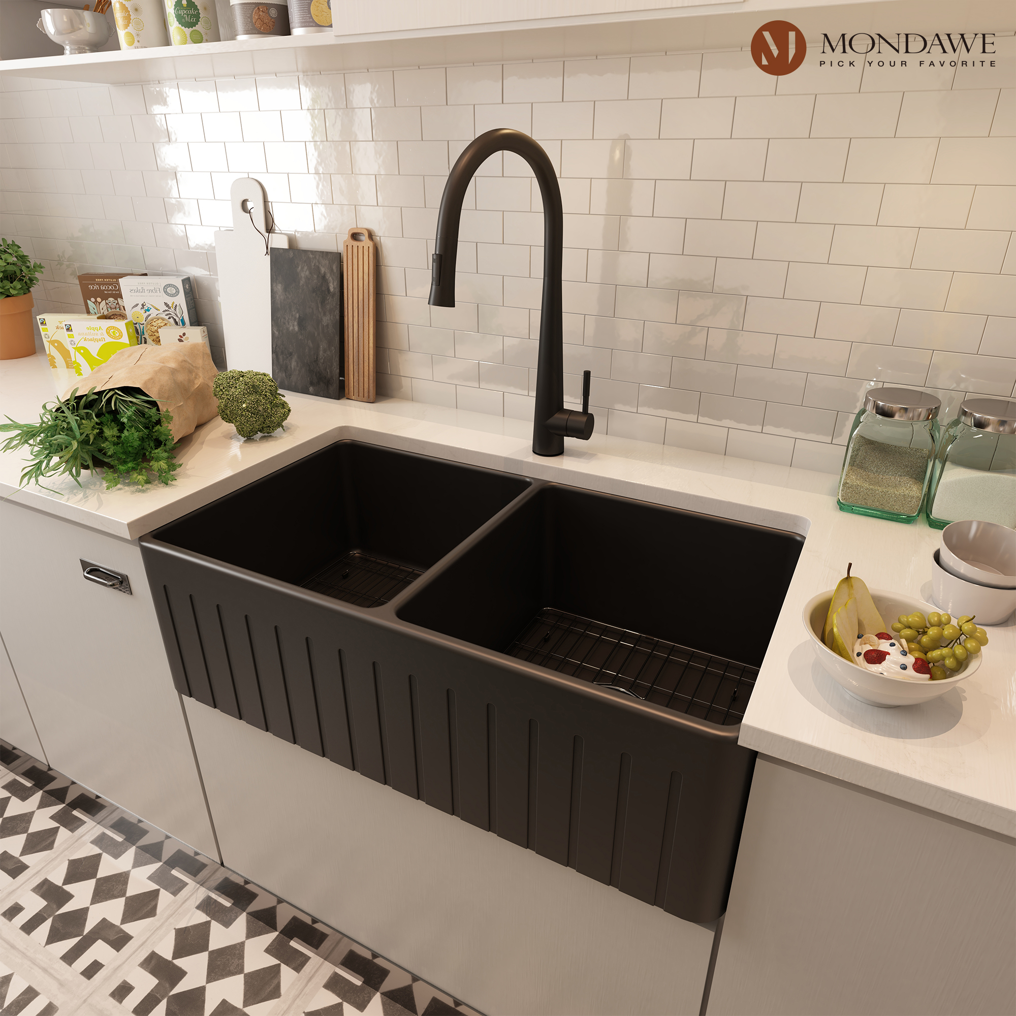 Farmhouse 30 in. matte black double bowl fireclay kitchen sink comes with pull-down faucet-Mondawe