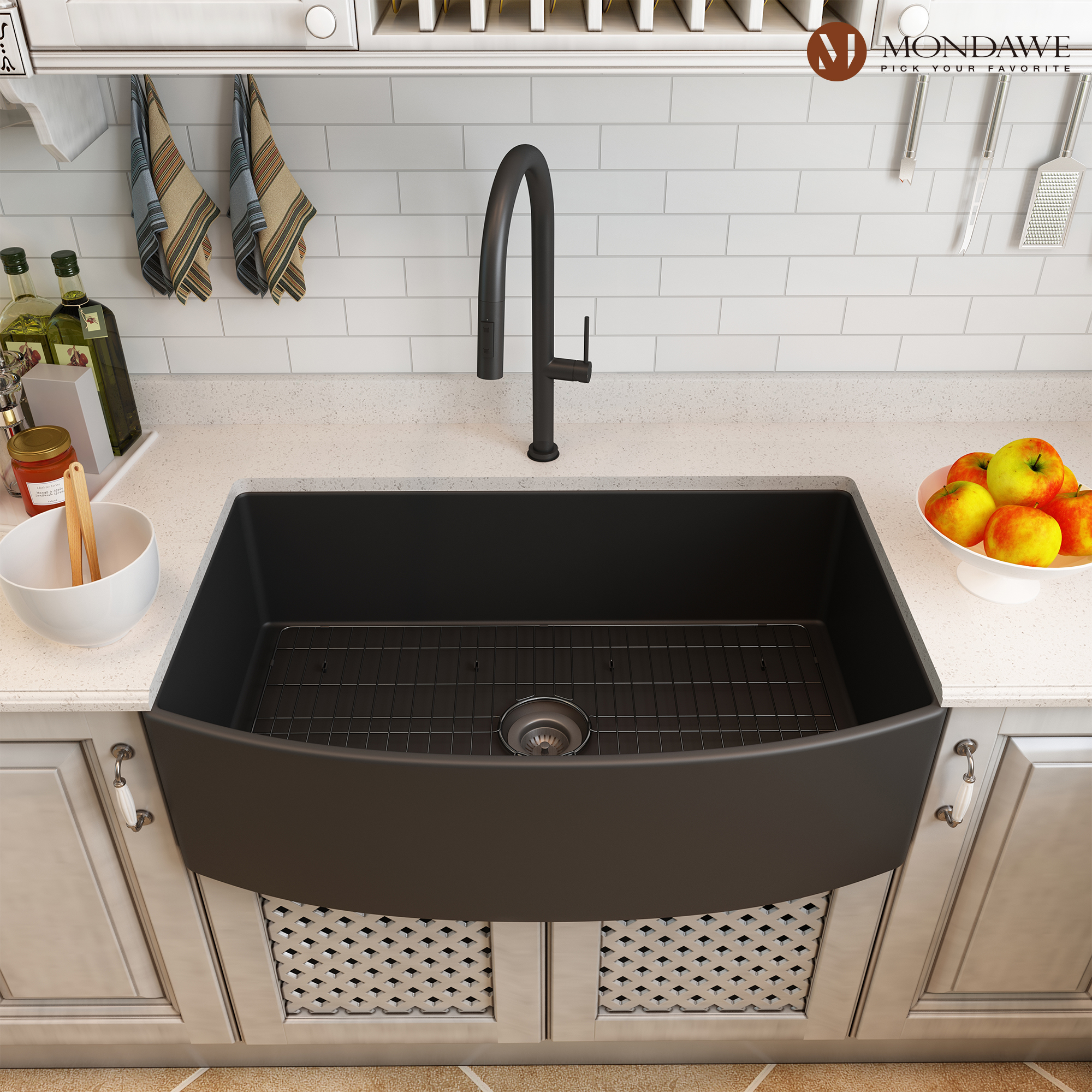 Farmhouse 33 in. single bowl fireclay kitchen sink comes with pull-down faucet-Mondawe