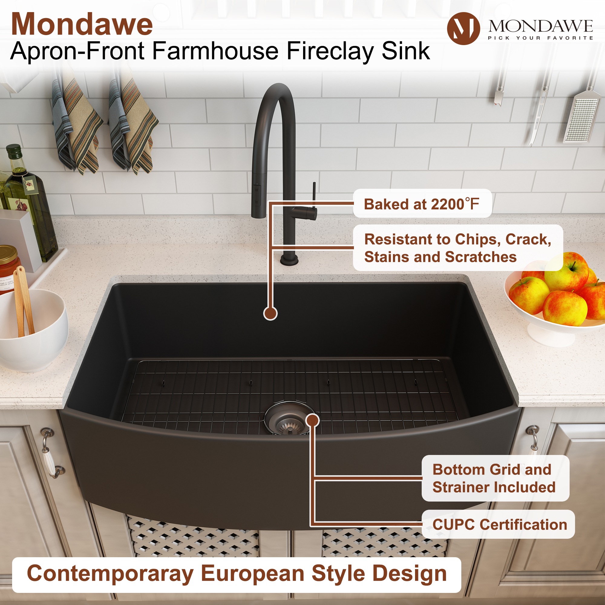 Farmhouse 33 in. single bowl fireclay kitchen sink in white comes with stainless steel bottom grid and strainer-Mondawe