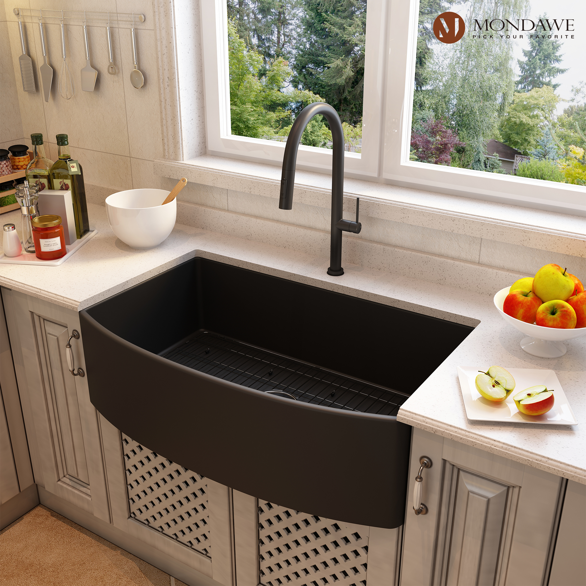 Farmhouse 33 in. single bowl fireclay kitchen sink in white comes with stainless steel bottom grid and strainer-Mondawe