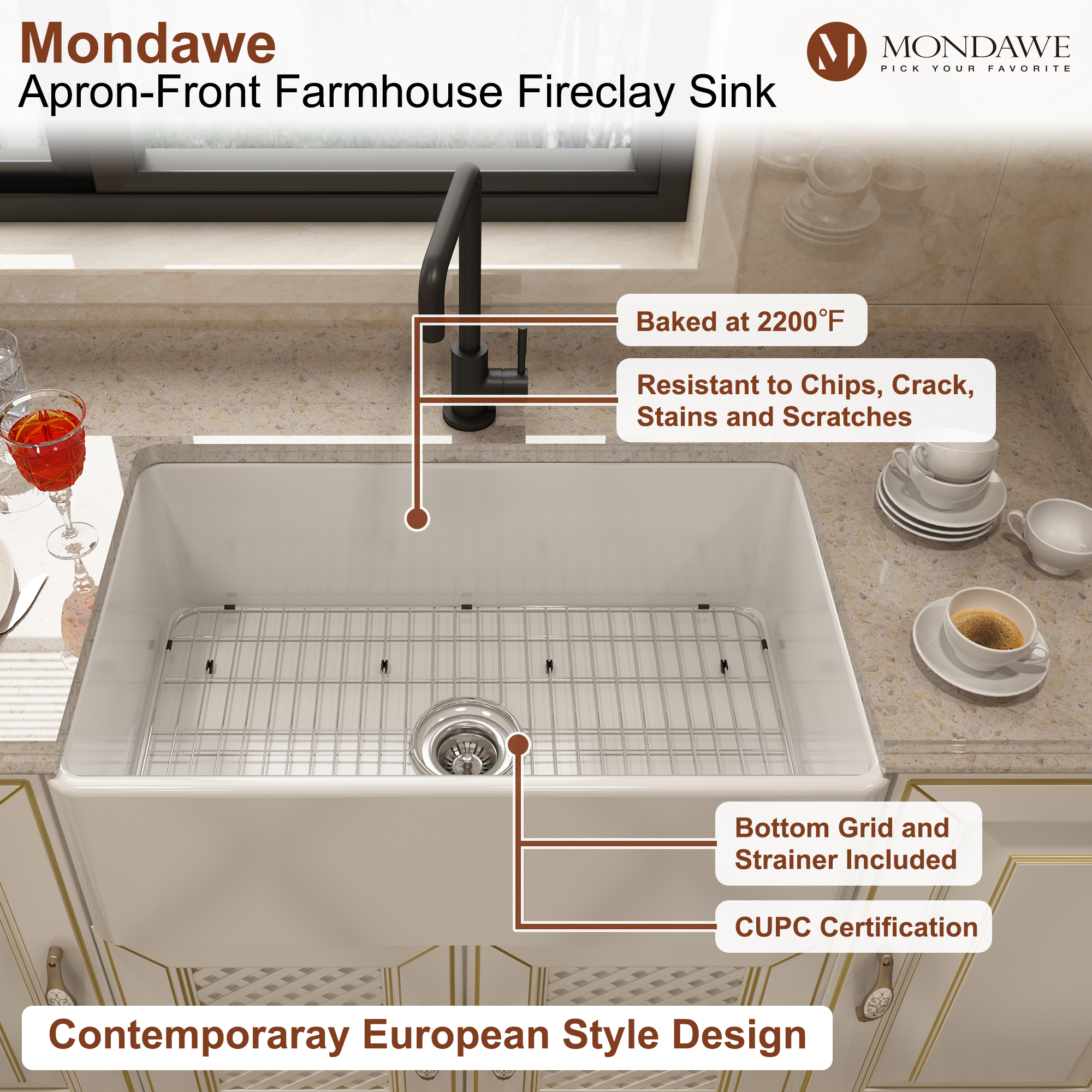 Farmhouse 33 in. single bowl fireclay kitchen sink in white comes with high-arc kitchen faucet-Mondawe
