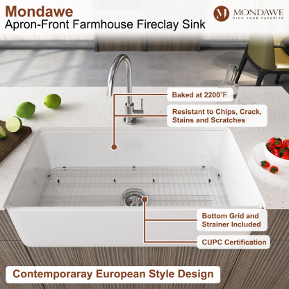 Farmhouse 36 in. single bowl fireclay kitchen sink in white comes with high-arc kitchen faucet-Mondawe