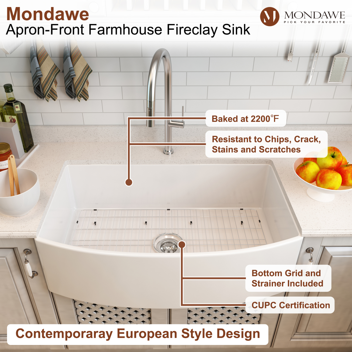 Farmhouse 33 in. single bowl fireclay kitchen sink in white comes with pull-down faucet-Mondawe