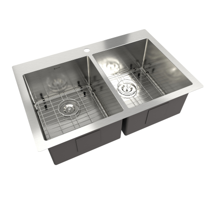 Drop-In 33-in x 22-in Brushed Stainless Steel Double Bowl Kitchen Sink with Pull Down Kitchen Faucet-Mondawe