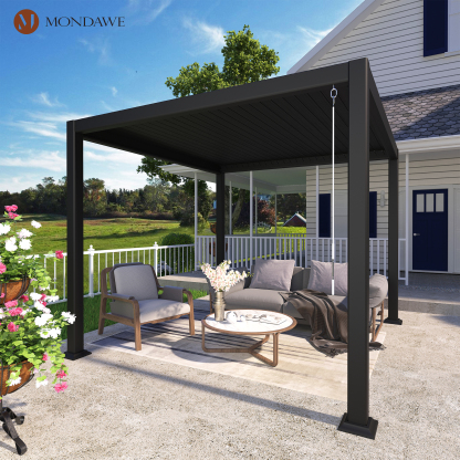 10 x 10 ft Outdoor Louvered Pergola in Aluminum with Adjustable Roof and String Lights-Mondawe