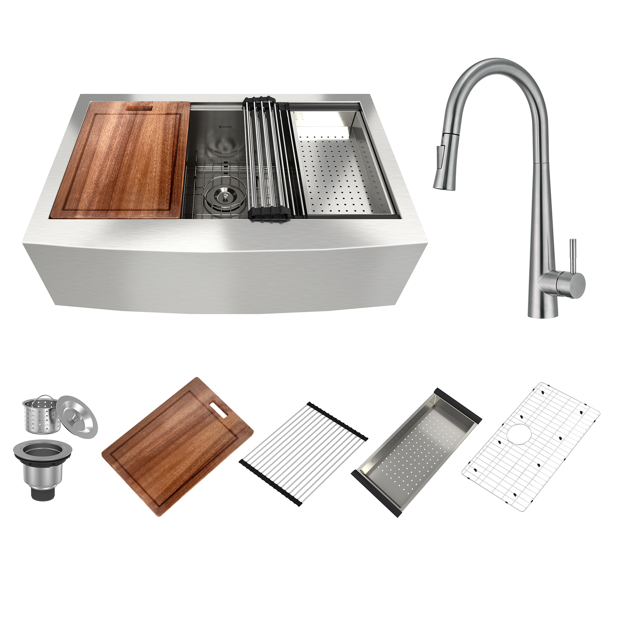 Farmhouse Apron Front 33-in x 22-in Brushed Stainless Steel Single Bowl Workstation Kitchen Sink With Pull-Down Faucet-Mondawe