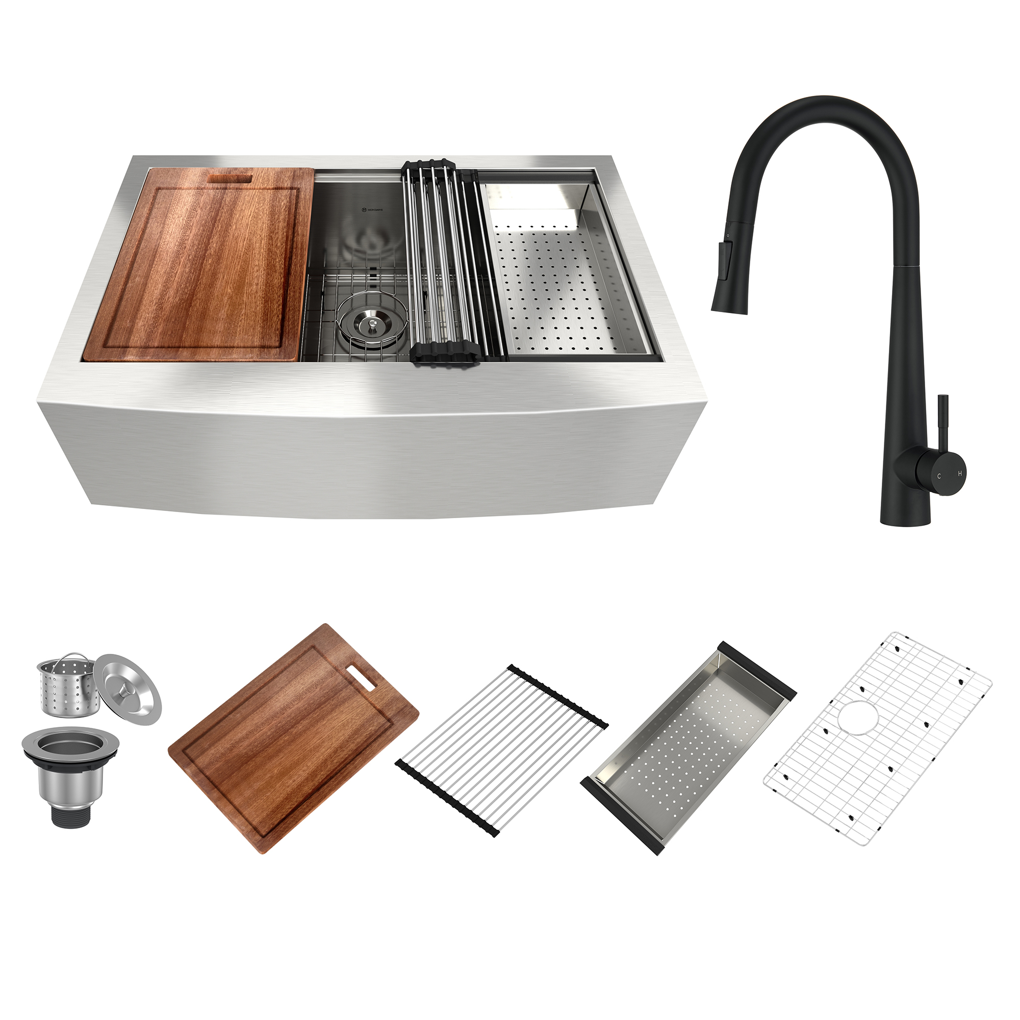Farmhouse Apron Front 33-in x 22-in Brushed Stainless Steel Single Bowl Workstation Kitchen Sink With Pull-Down Faucet-Mondawe