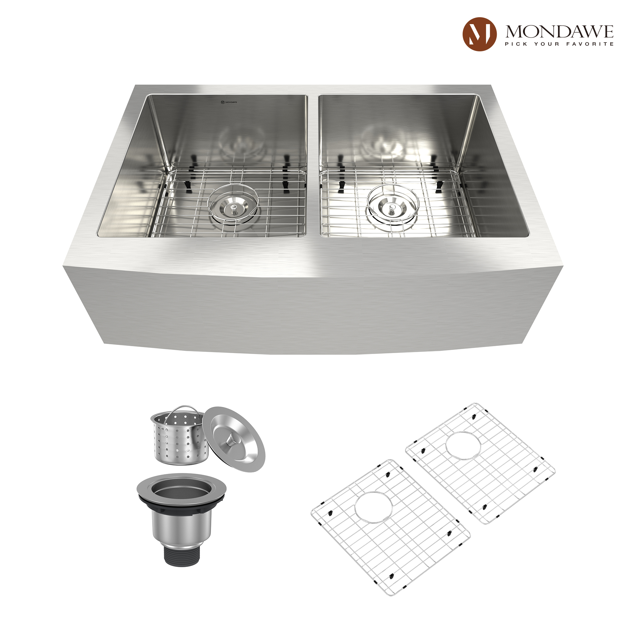 33 inch Farmhouse Apron Front 33-in x 22-in Brushed Stainless Steel Double Bowl Kitchen Sink-Mondawe