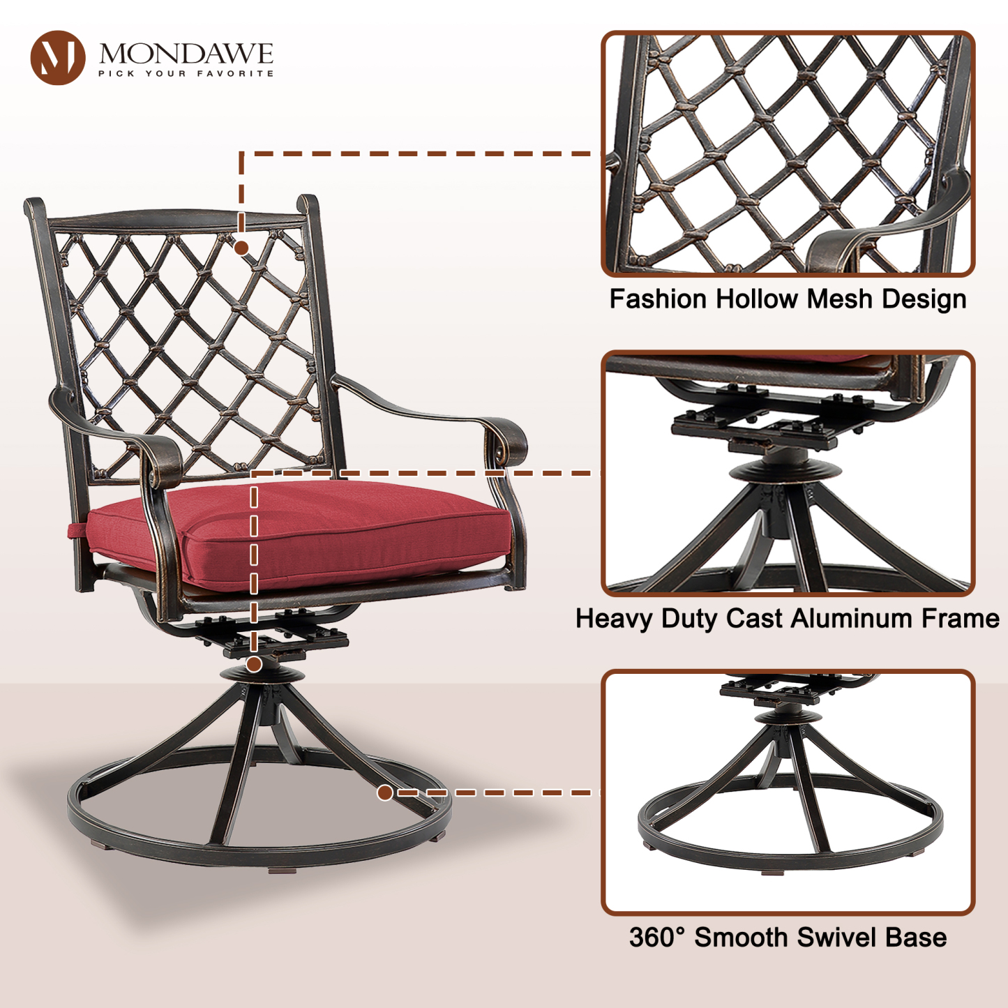 2Pcs Cast Aluminum Diagonal-Mesh Backrest Swivel Chairs-Mondawe
