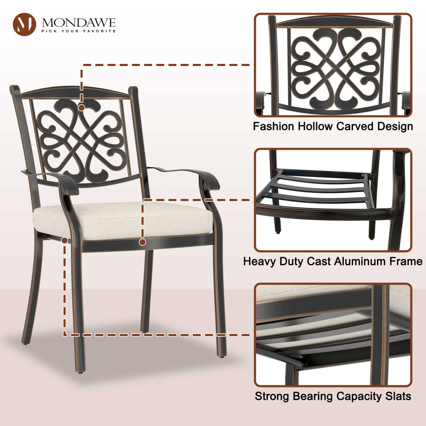 Mondawe 4-Piece Cast Aluminum Diagonal-Mesh Vines Backrest Dining Chairs In Red/Beige-Mondawe