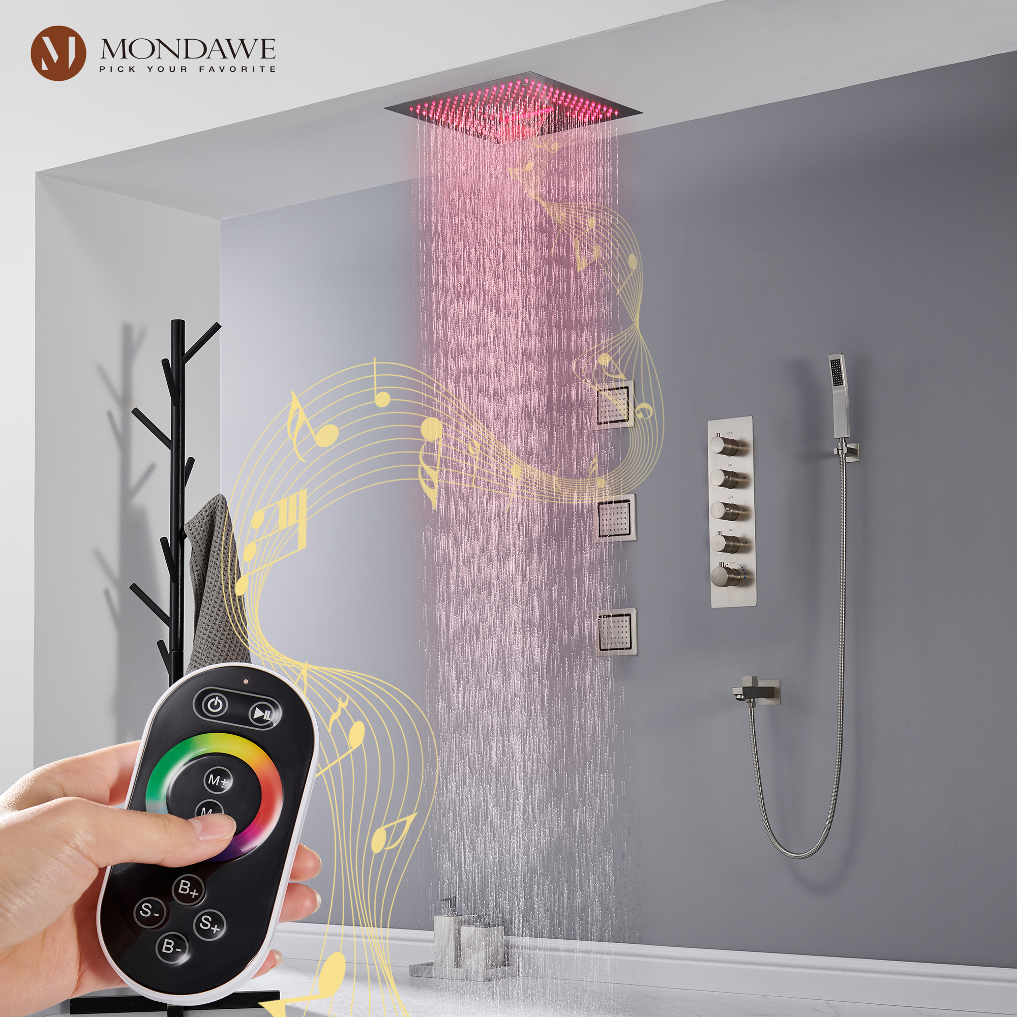 Mondawe 4-Way Shower System with LED and Music Player in Black/Nickel/Gold-Mondawe