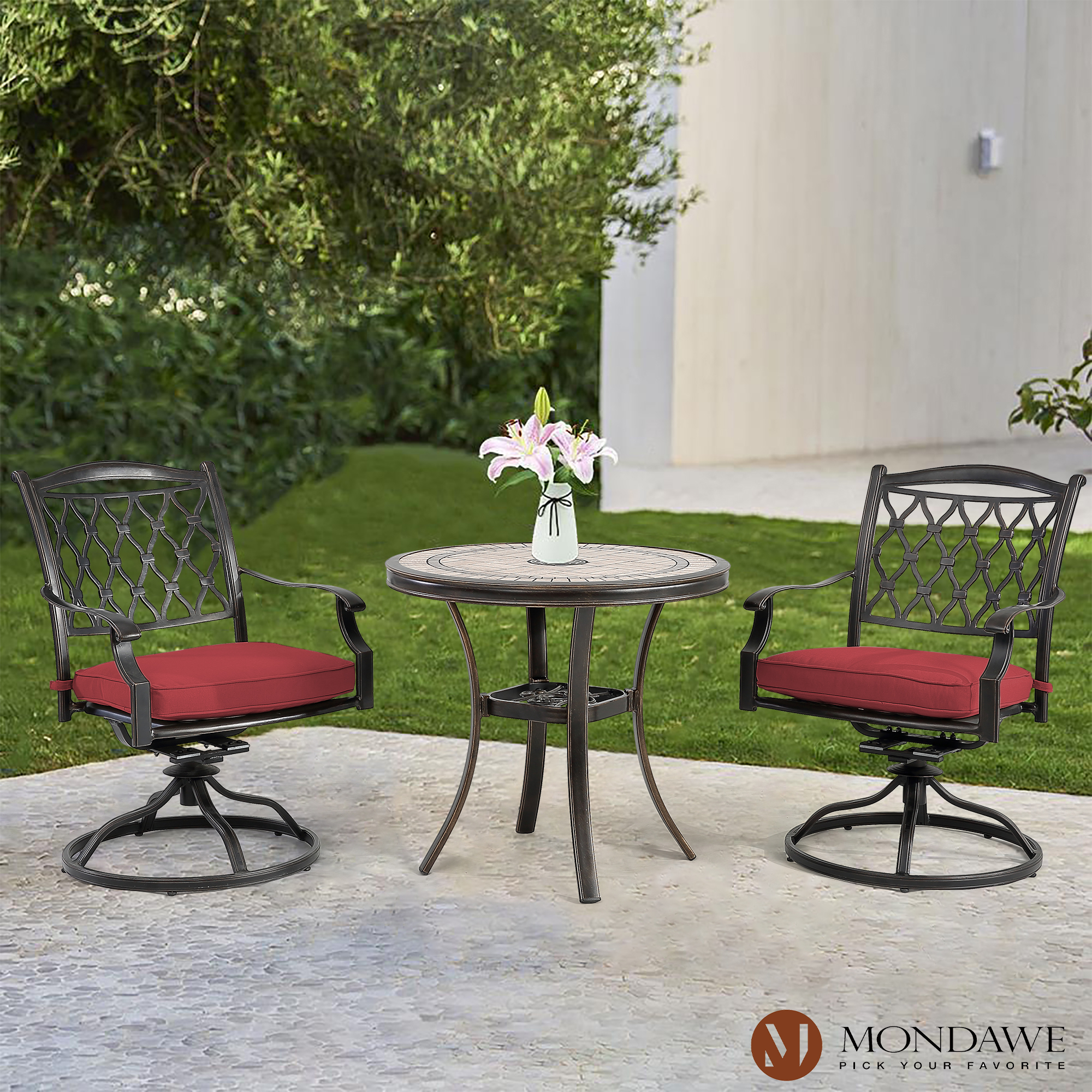 3Pcs Cast Aluminum Dining Set with Round Tile-Top Table and Diamond-Mesh Arcuated Backrest Swivel Chairs(Red)-Mondawe
