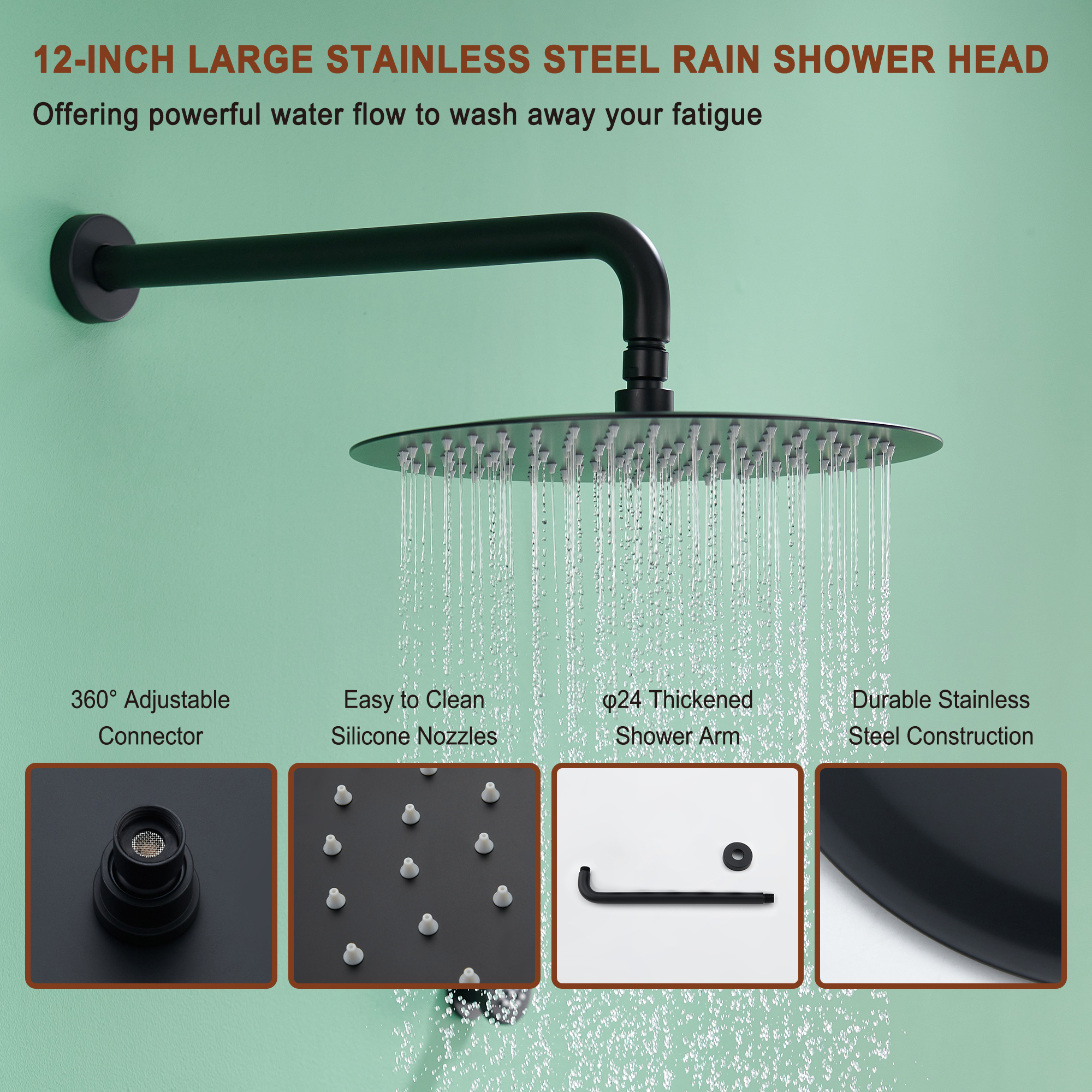 Mondawe Round Shower System With Body Jet,12 inch Wall Mounted High-Pressure Rainfall Shower Head Handheld and 6 pcs Body Sprays,Rain Shower Mixer Combo Set-Mondawe