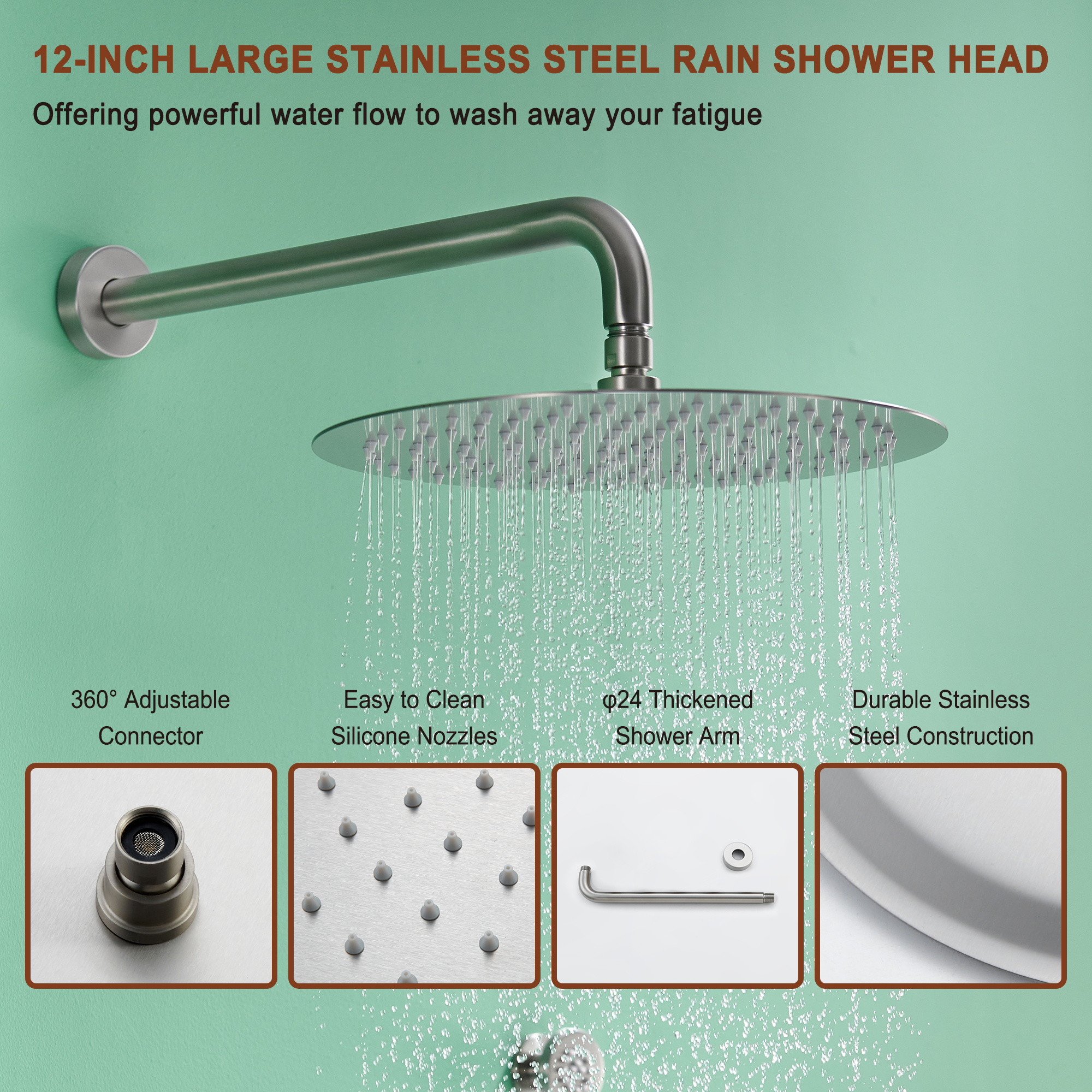 Shower System with 12-Inch Rain Shower Head wand 4pcs Body Jets RB1115