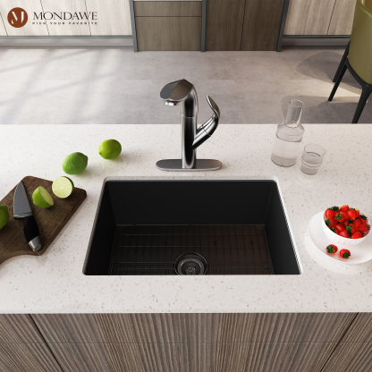 Undermount 27 In. Matte Black Single Bowl Fireclay Kitchen Sink Comes With Pull Down Kitchen Faucet-Mondawe