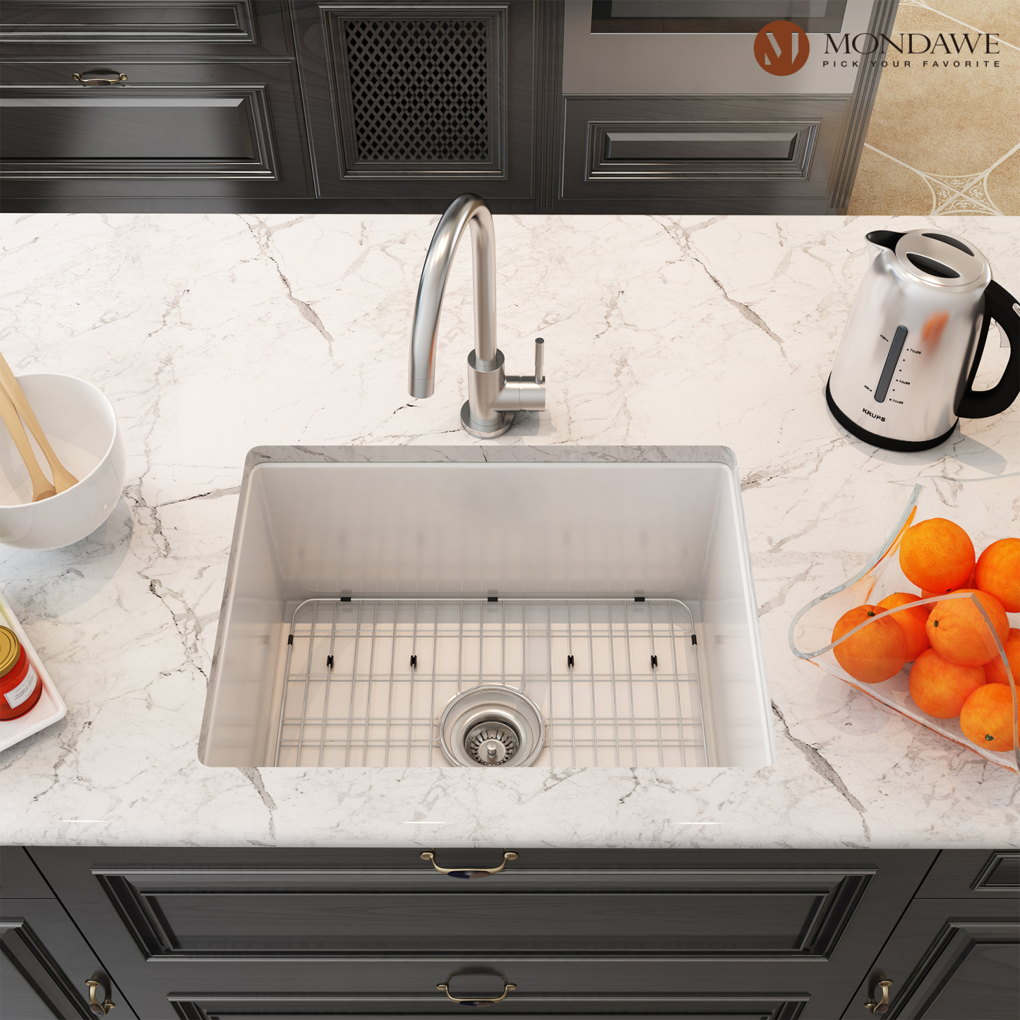Undermount 24 in. single bowl fireclay kitchen sink in white comes with high-arc kitchen faucet-Mondawe