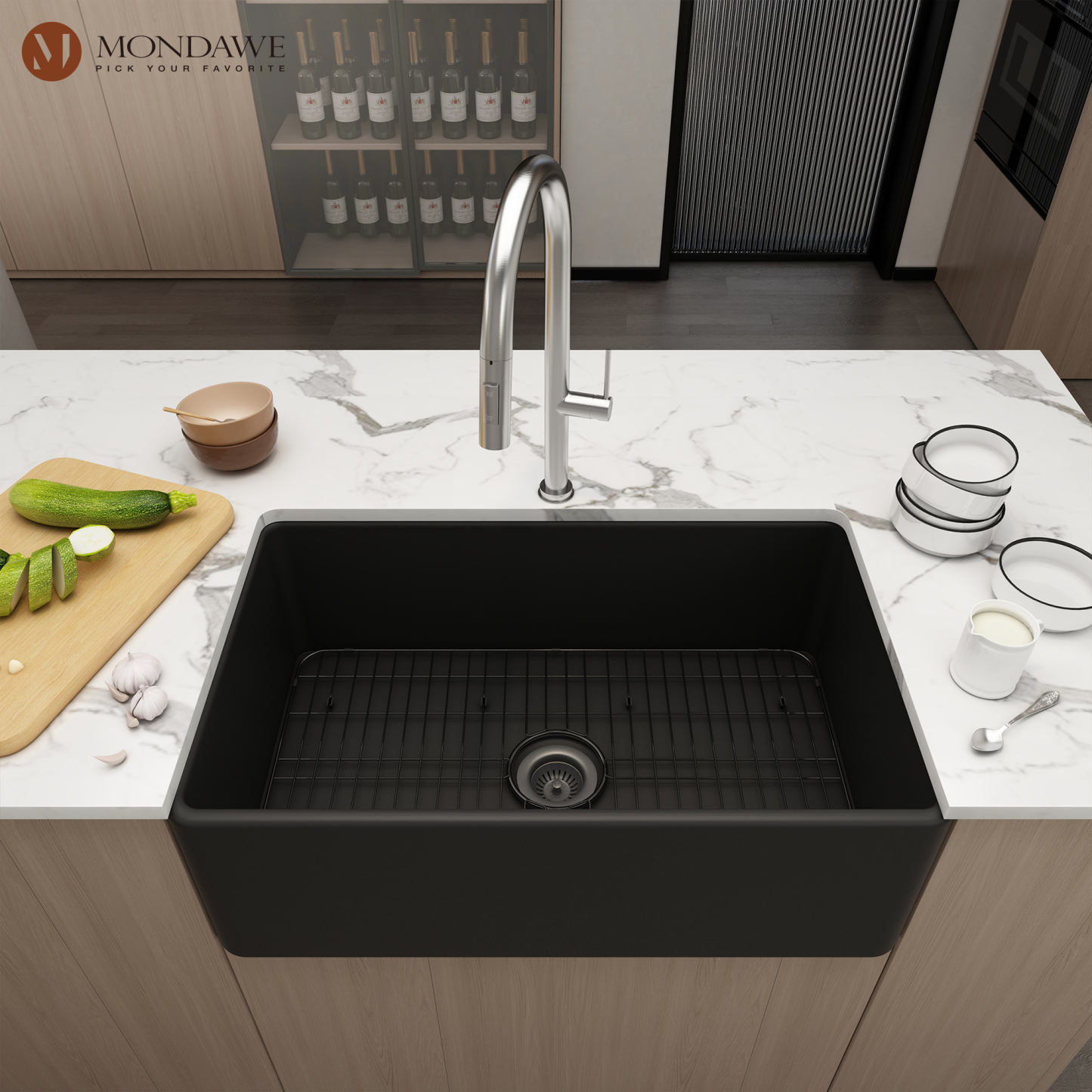 Undermount 32 in. matte black single bowl fireclay kitchen sink comes with pull-down faucet-Mondawe