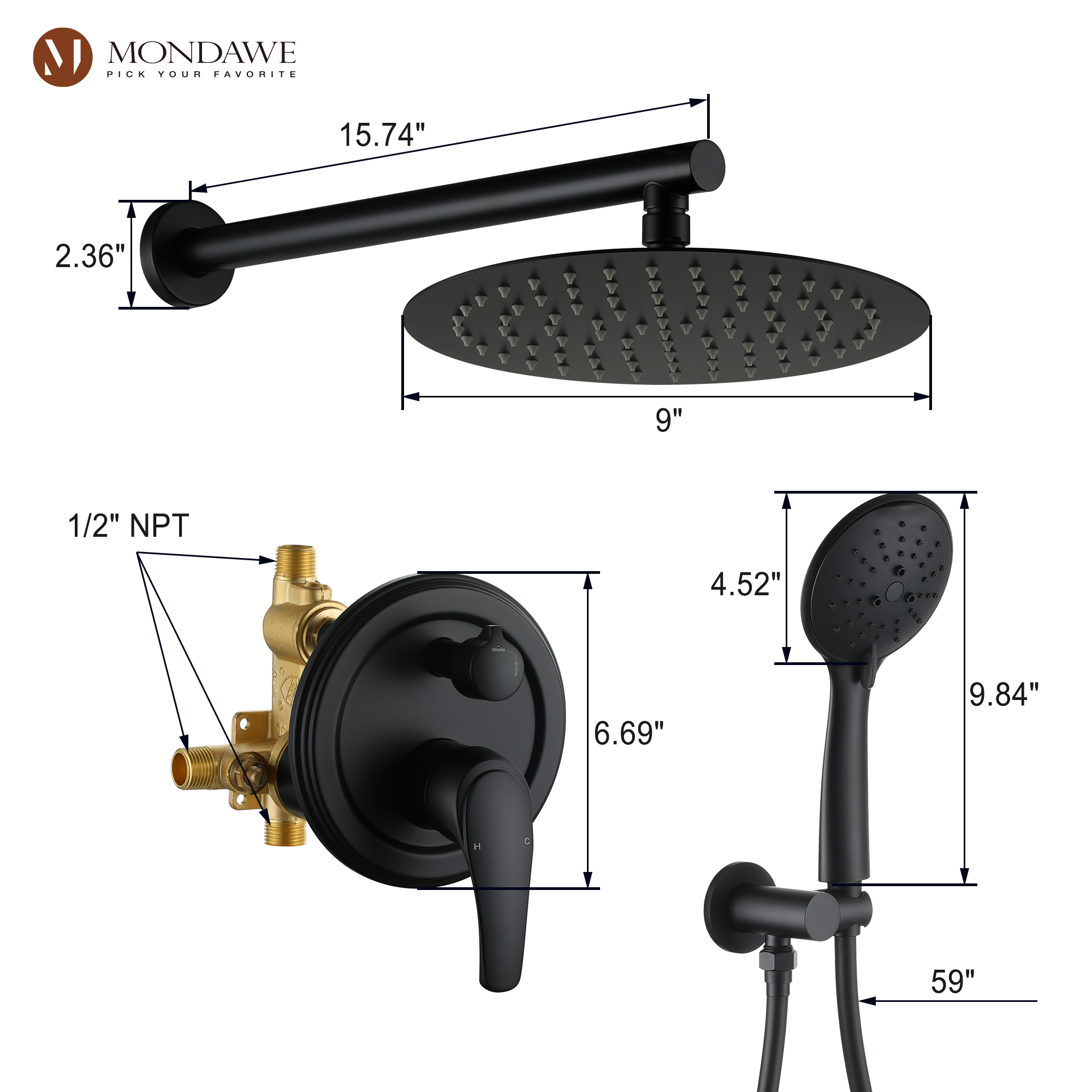 5-Spray Patterns with 2.66 GPM 9 in. Wall Mount Dual Shower Heads with Pressure Balance Round-In Valve in Matte Black 5-Spray Patterns with 2.66 GPM 9 in. Wall Mount Dual Shower Heads with Pressure Balance Round-In Valve in Matte Black