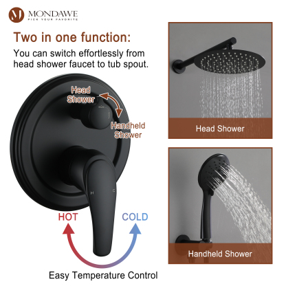 9 in. Round 5-Spray Patterns Wall Mount Dual Shower Faucet with 2.66 GPM Pressure Balance Valve in Matte Black-Mondawe