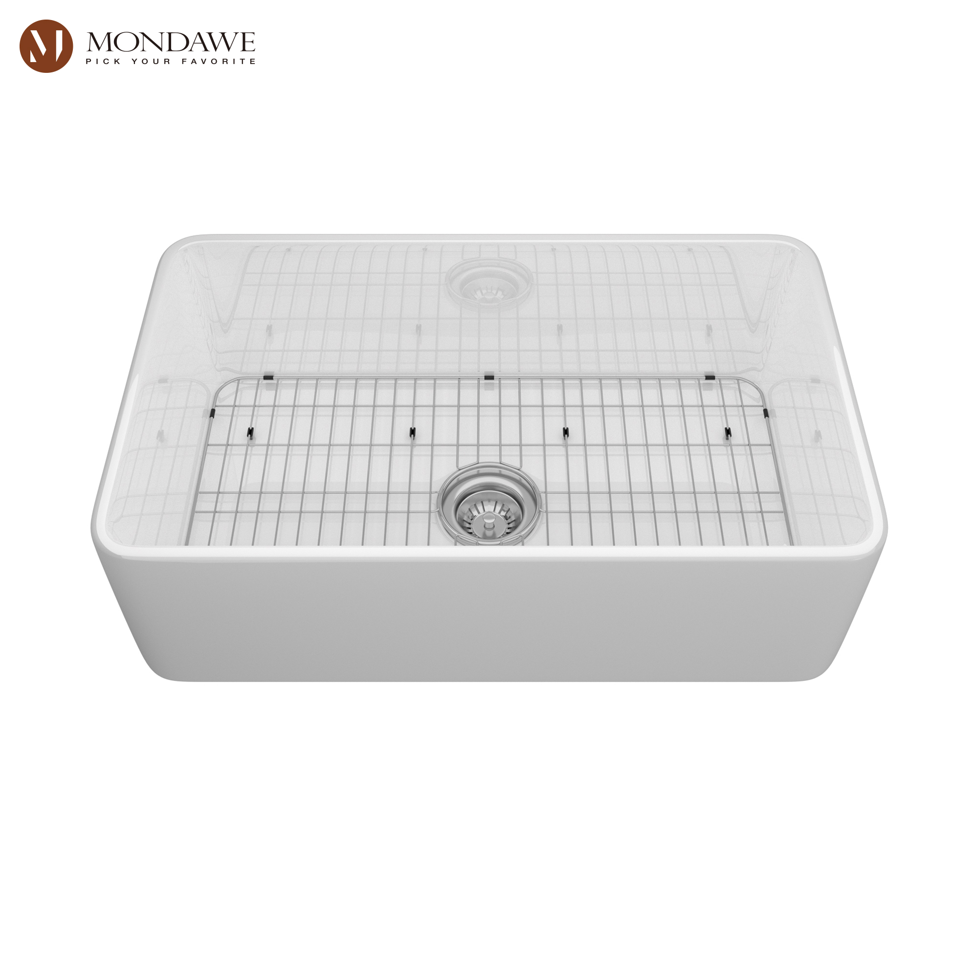 Farmhouse 30 in. single bowl fireclay kitchen sink in white comes with stainless steel bottom grid and strainer-Mondawe