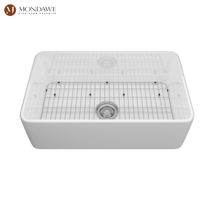 Farmhouse 30 In. Single Bowl Fireclay Kitchen Sink In White Comes With Pull Down Kitchen Faucet-Mondawe