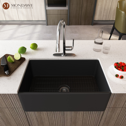 Farmhouse 33 In. Matte Black Single Bowl Fireclay Kitchen Sink Comes With Pull Down Kitchen Faucet-Mondawe