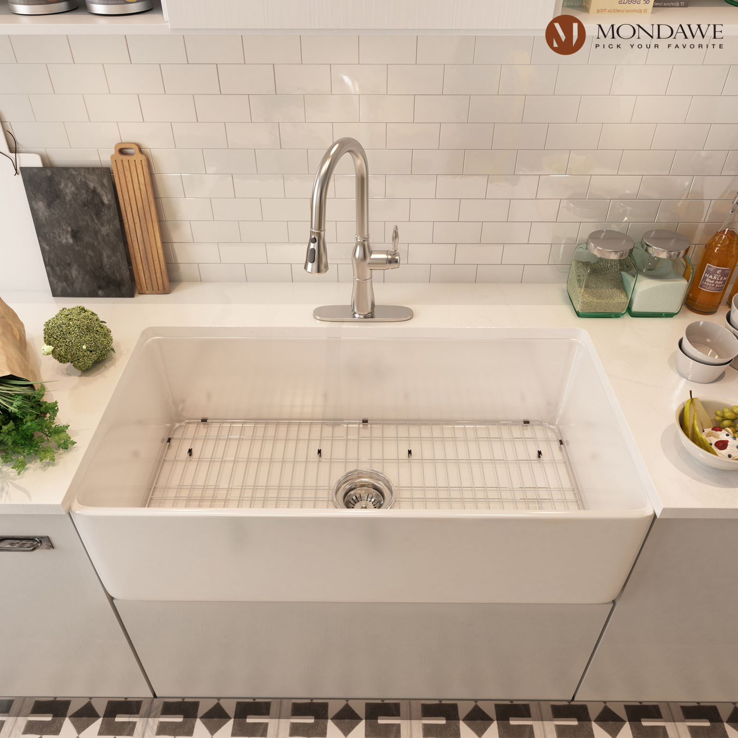 Farmhouse 36 In. Single Bowl Fireclay Kitchen Sink In White Comes With Pull Down Kitchen Faucet-Mondawe