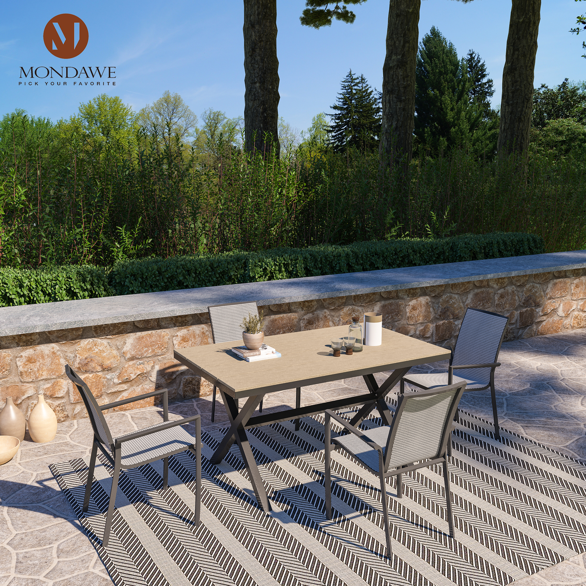 Mondawe 5/7 PCS Aluminum Dining Set for Patio with Plastic Wood Tabletop and Teslin Backrest Chairs-Mondawe