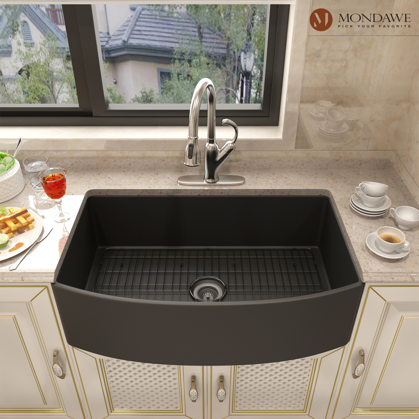 Farmhouse 33 In. Single Bowl Fireclay Kitchen Sink Comes With Pull Down Kitchen Faucet -Mondawe