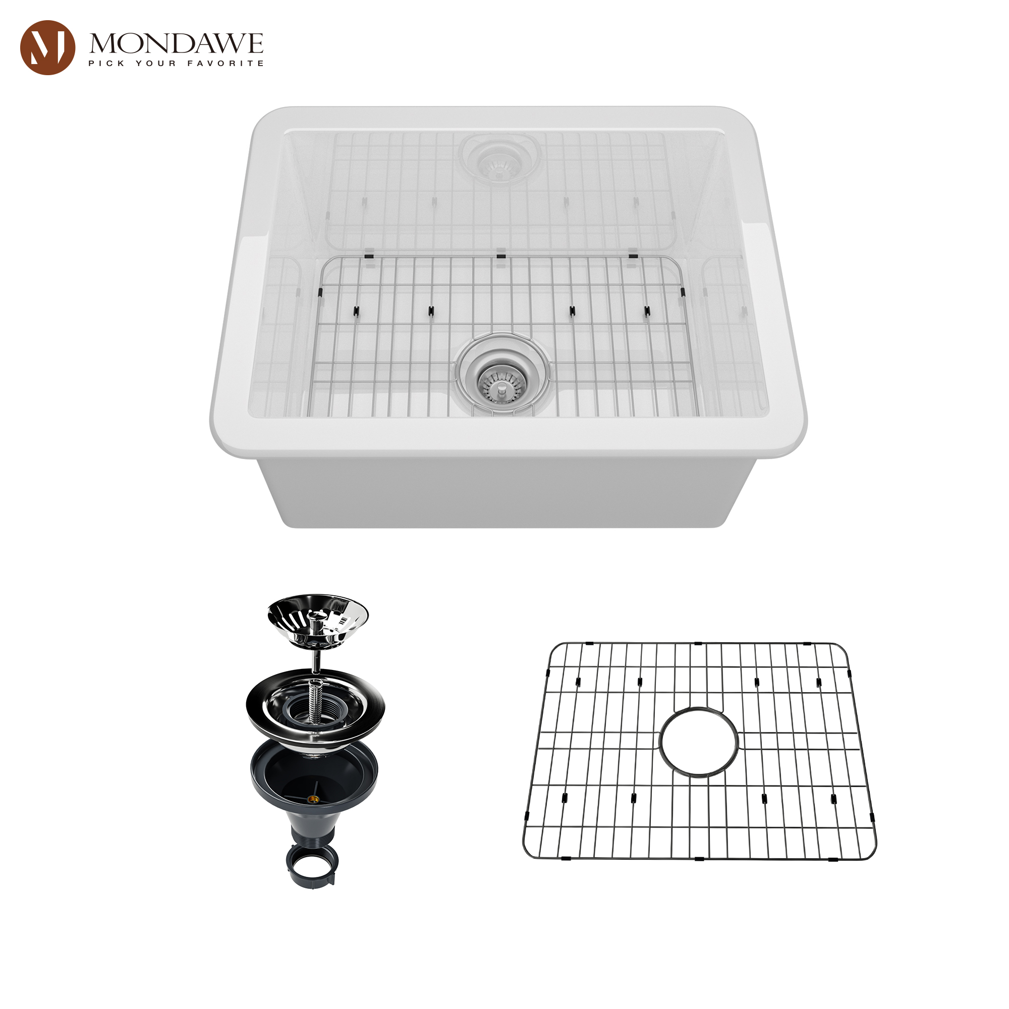 Undermount 24 in. single bowl fireclay kitchen sink in white comes with stainless steel bottom grid and strainer-Mondawe