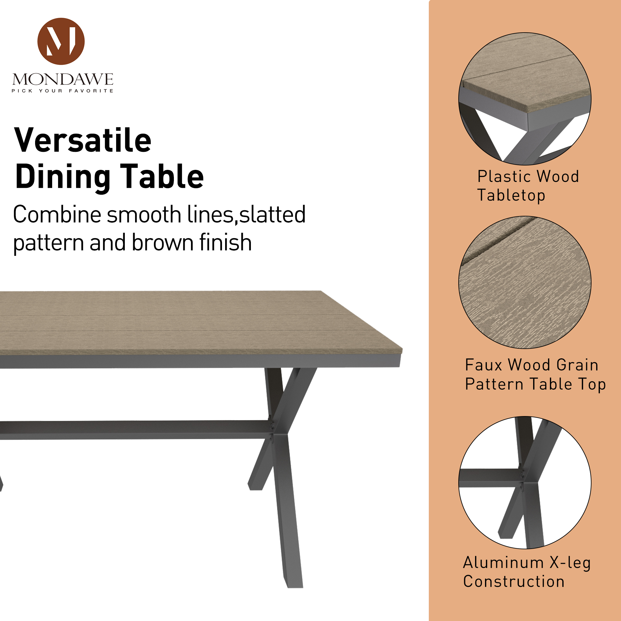 Mondawe Black Rectangular Outdoor Dining Table with Imitation Wood Grain-Mondawe