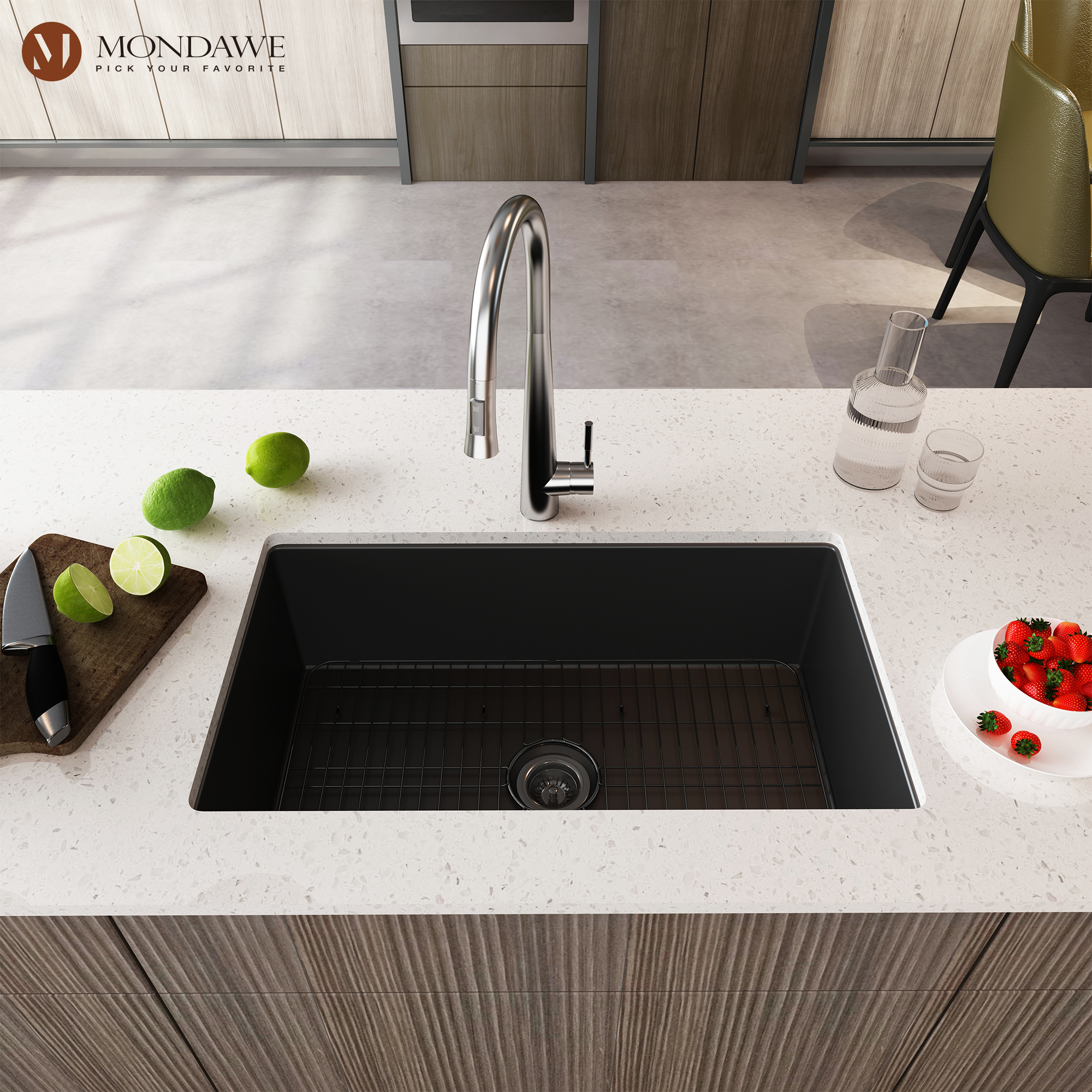 Undermount 32 in. single bowl fireclay kitchen sink in white comes with stainless steel bottom grid and strainer-Mondawe