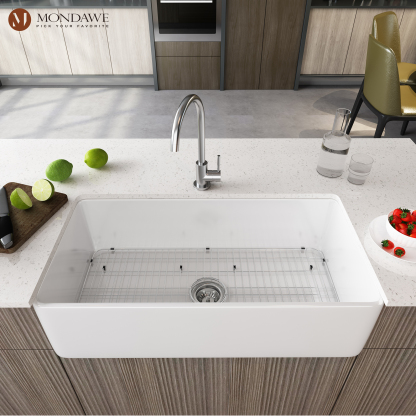 Farmhouse 36 in. single bowl fireclay kitchen sink in white comes with high-arc kitchen faucet-Mondawe