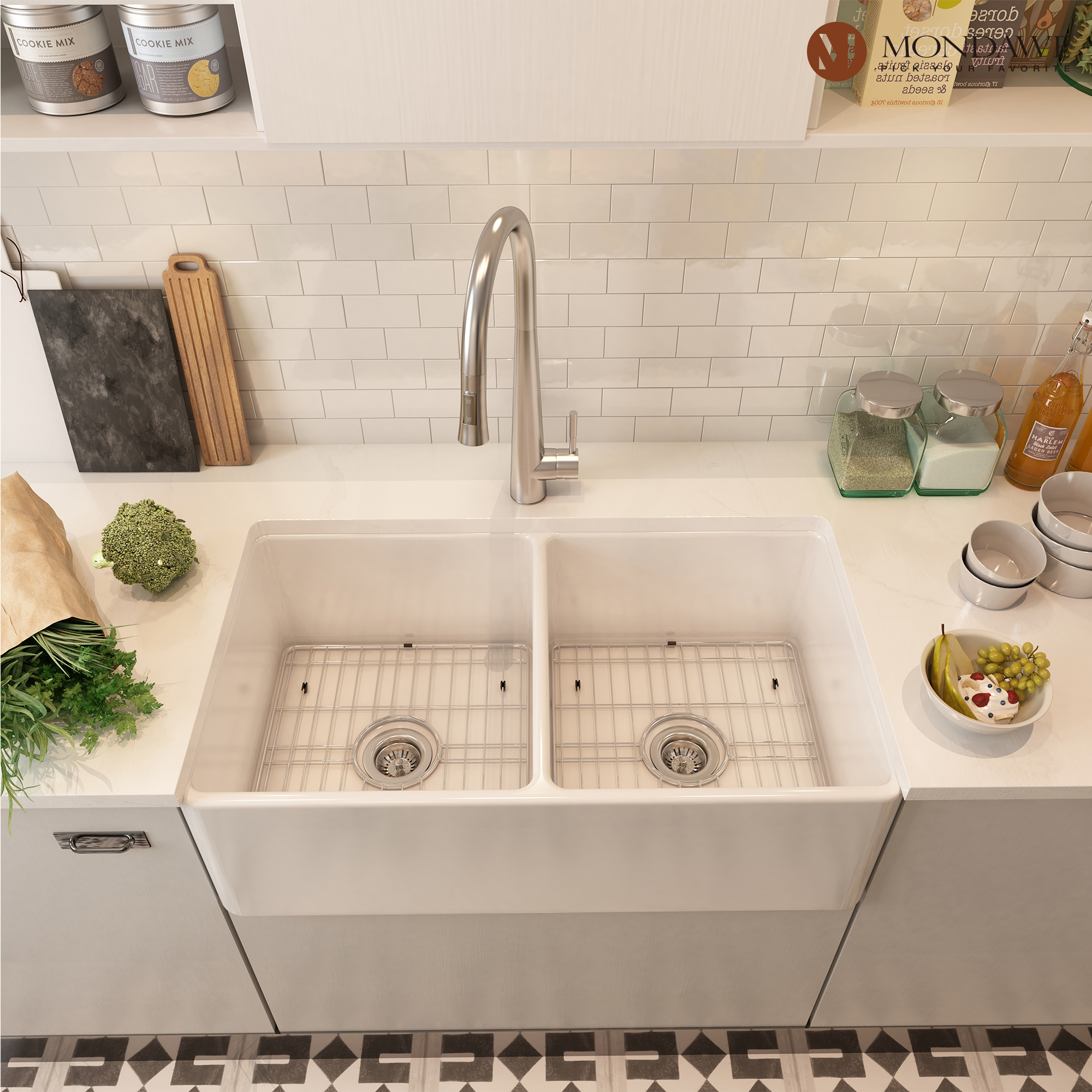 Double Bowl Fireclay Kitchen Sink in White