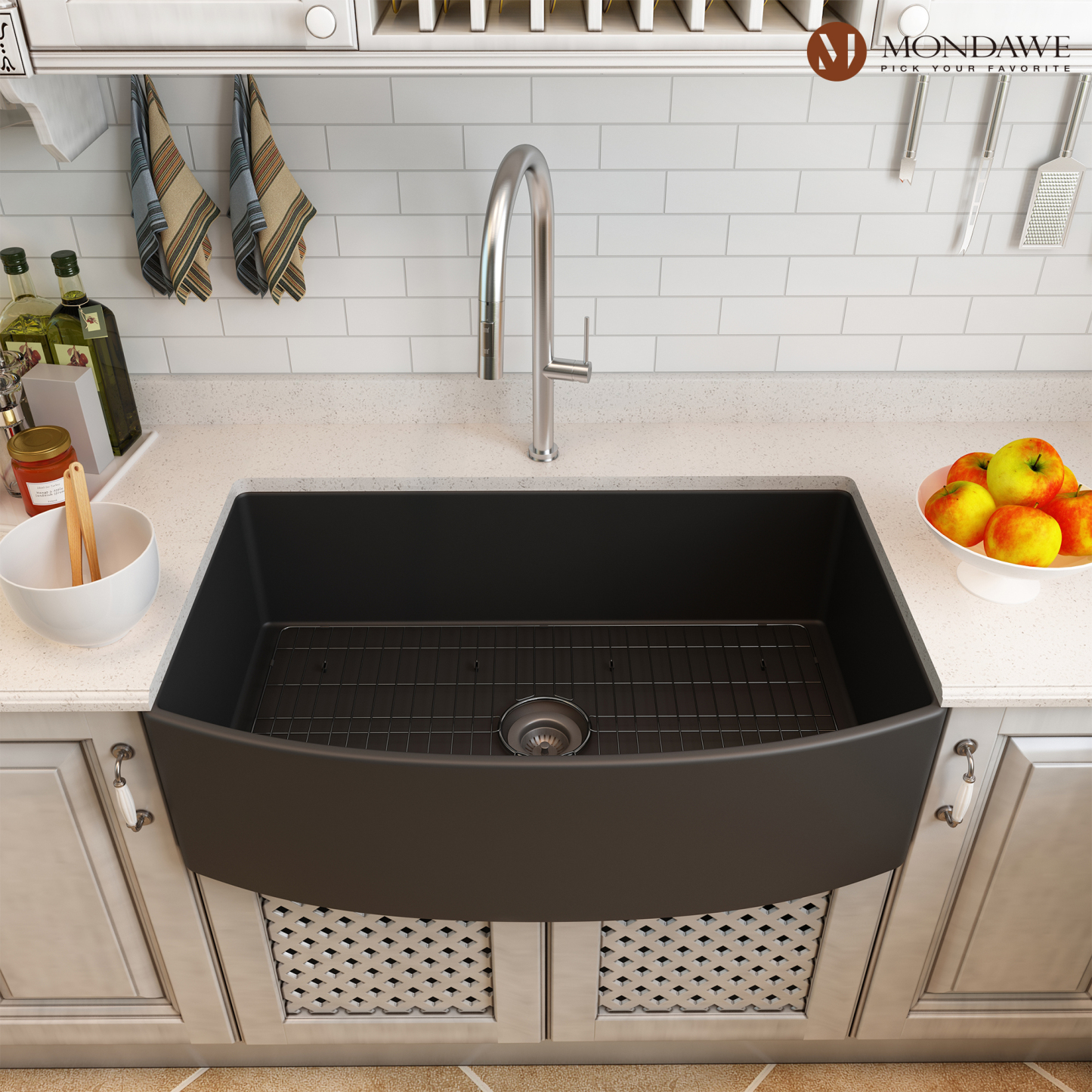 Farmhouse 33 in. single bowl fireclay kitchen sink comes with pull-down faucet-Mondawe