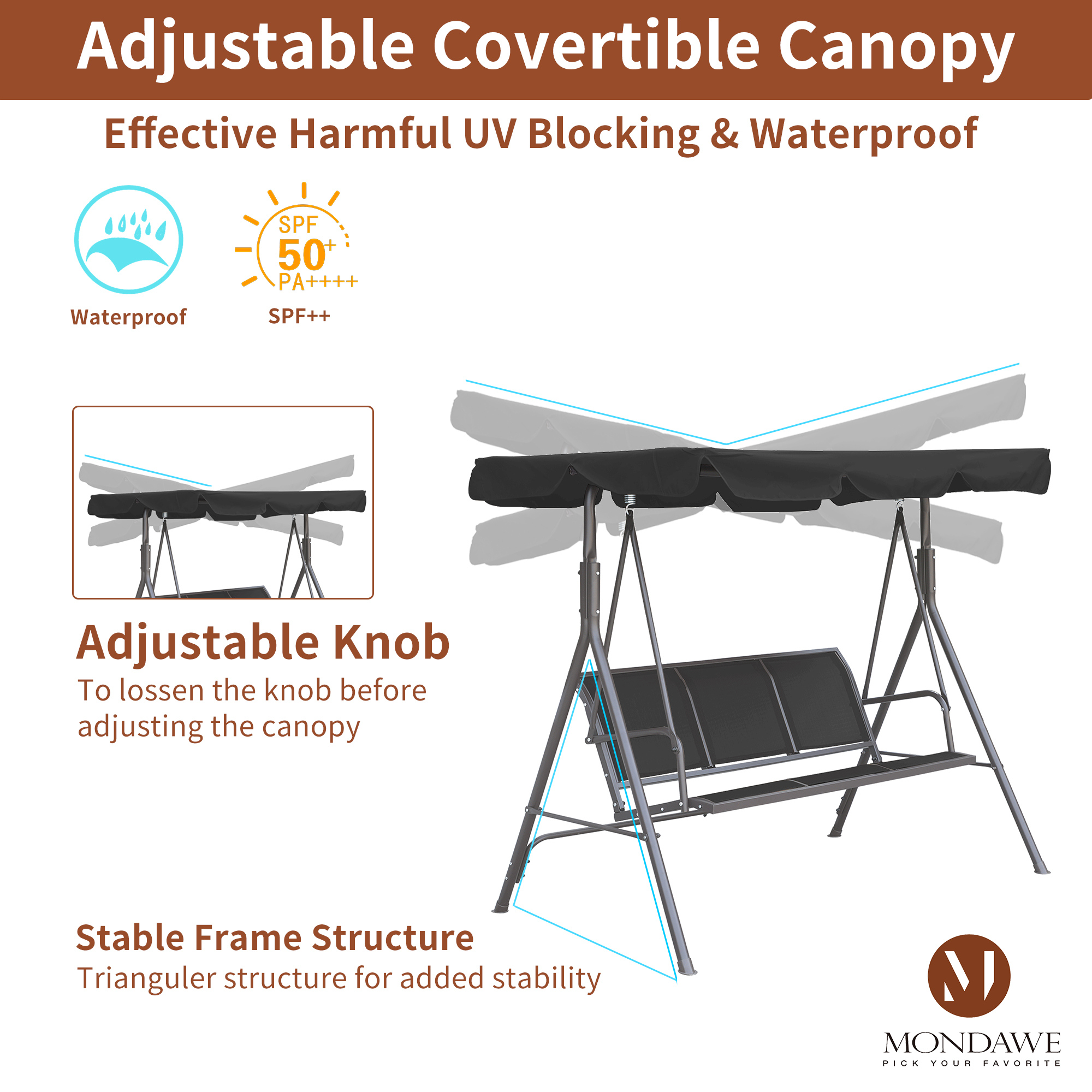 Mondawe 3-Person Steel Frame Textilence Seats Swing Glider Patio Canopy Swing Chair with Removable Convertible Canopy-Mondawe