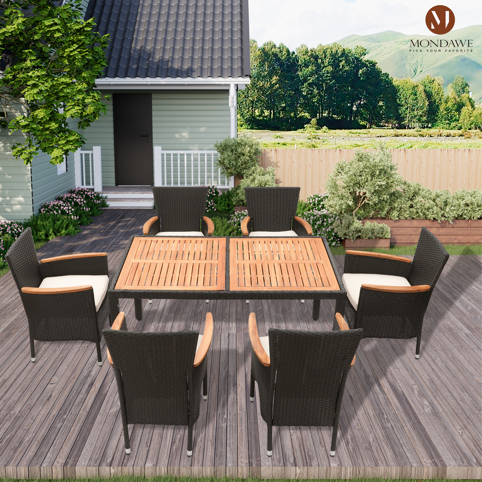 Mondawe 7 Piece Outdoor Patio Dining Set Garden PE Wicker Rattan Dining Table and Chairs Set  (Brown)