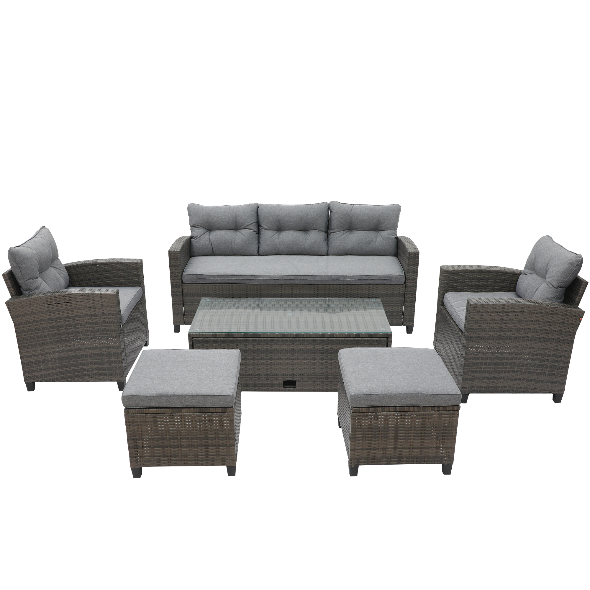Mondawe Patio Outdoor All Weather Wicker PE Rattan  6 Piece Conversation Sofa Set Sectional Set with Light Grey Cushions