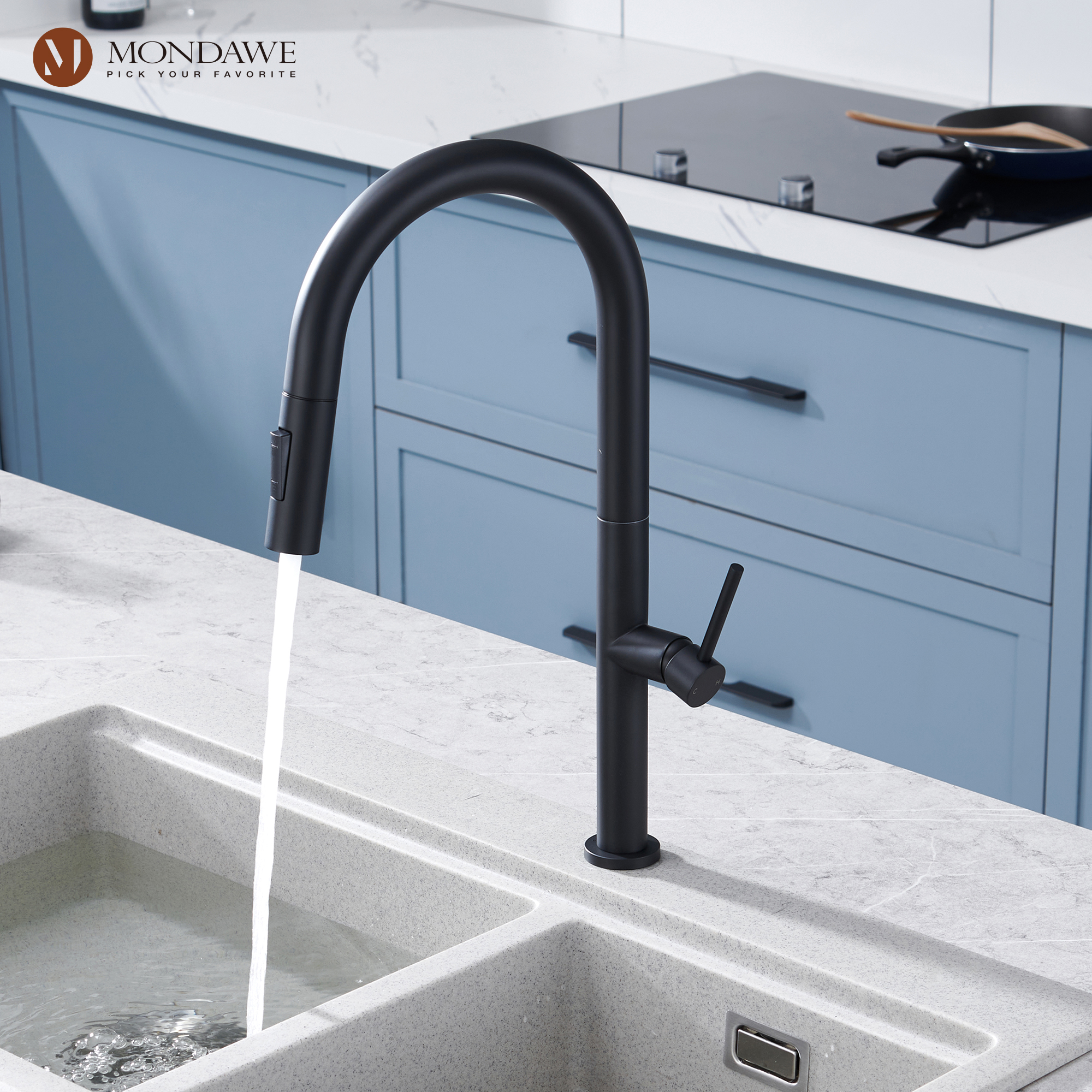 Single Handle Deck Mount High Arc Pull Down Kitchen Faucet with Accessories-Mondawe