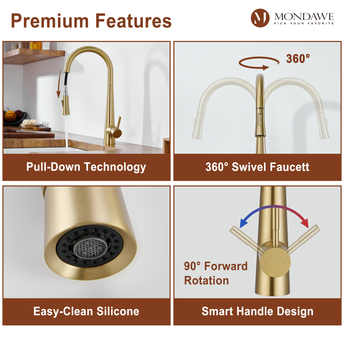 High Arc Pull Down Single Handle Kitchen Faucet with Accessories-Mondawe