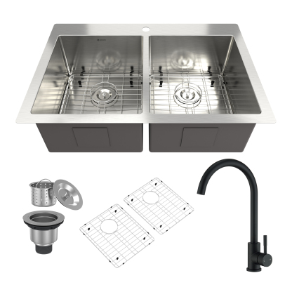 Drop-In 33-in x 22-in Brushed Stainless Steel Double Bowl Kitchen Sink With High-Arc Kitchen Faucet-Mondawe