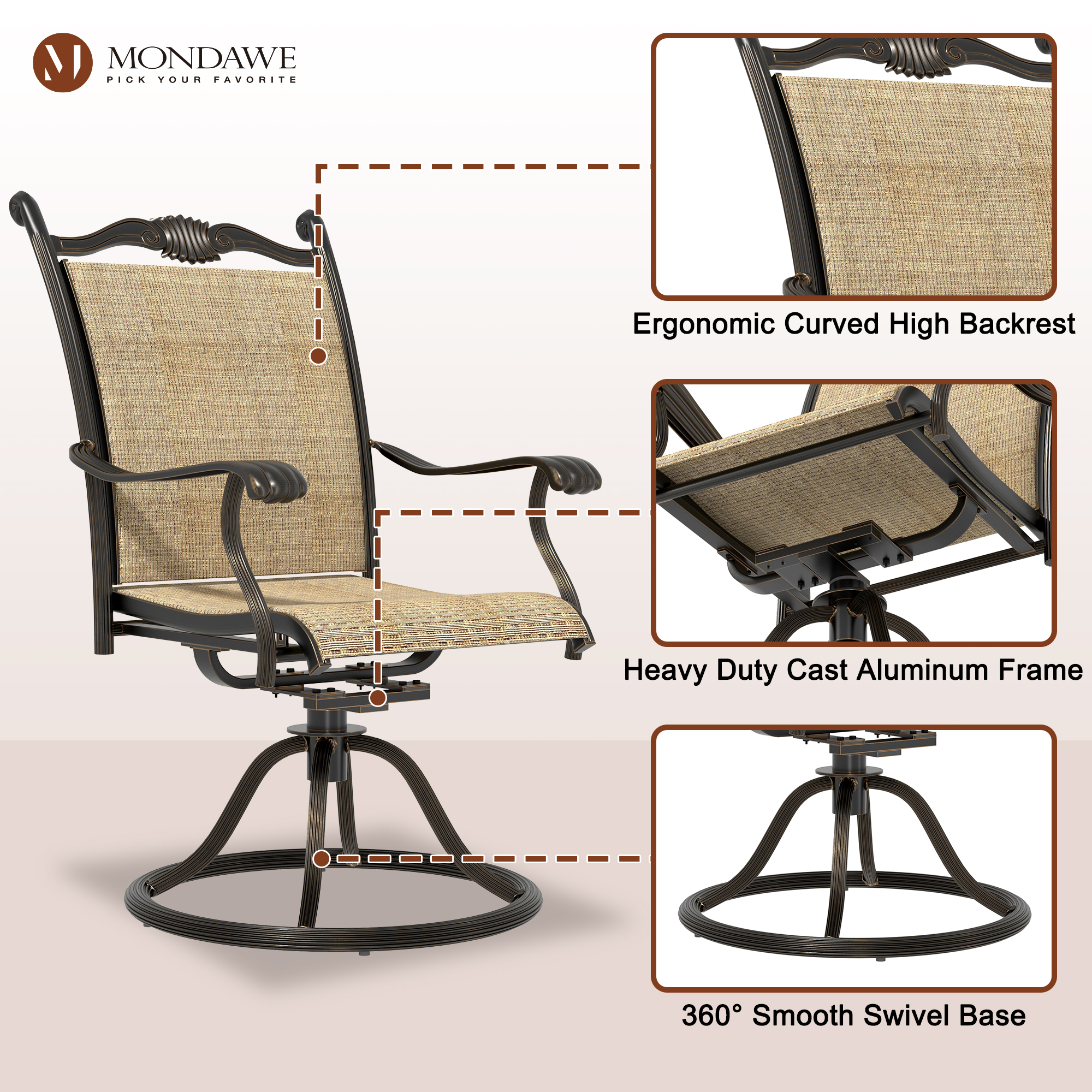 Mondawe 2Pcs Cast Aluminum Textilene Swivel Chairs-Mondawe